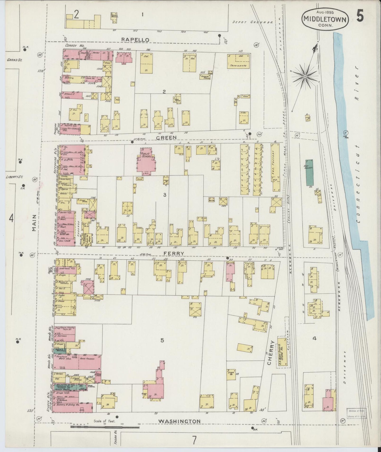 Sanborn Fire Insurance Map from Middletown, Middlesex County, Connecticut (1895), Sheet #0005 - Historic Sanborn Fire Insurance Map Print, vintage old map wall art, antique decor, genealogy gift, Connecticut Connecticut map