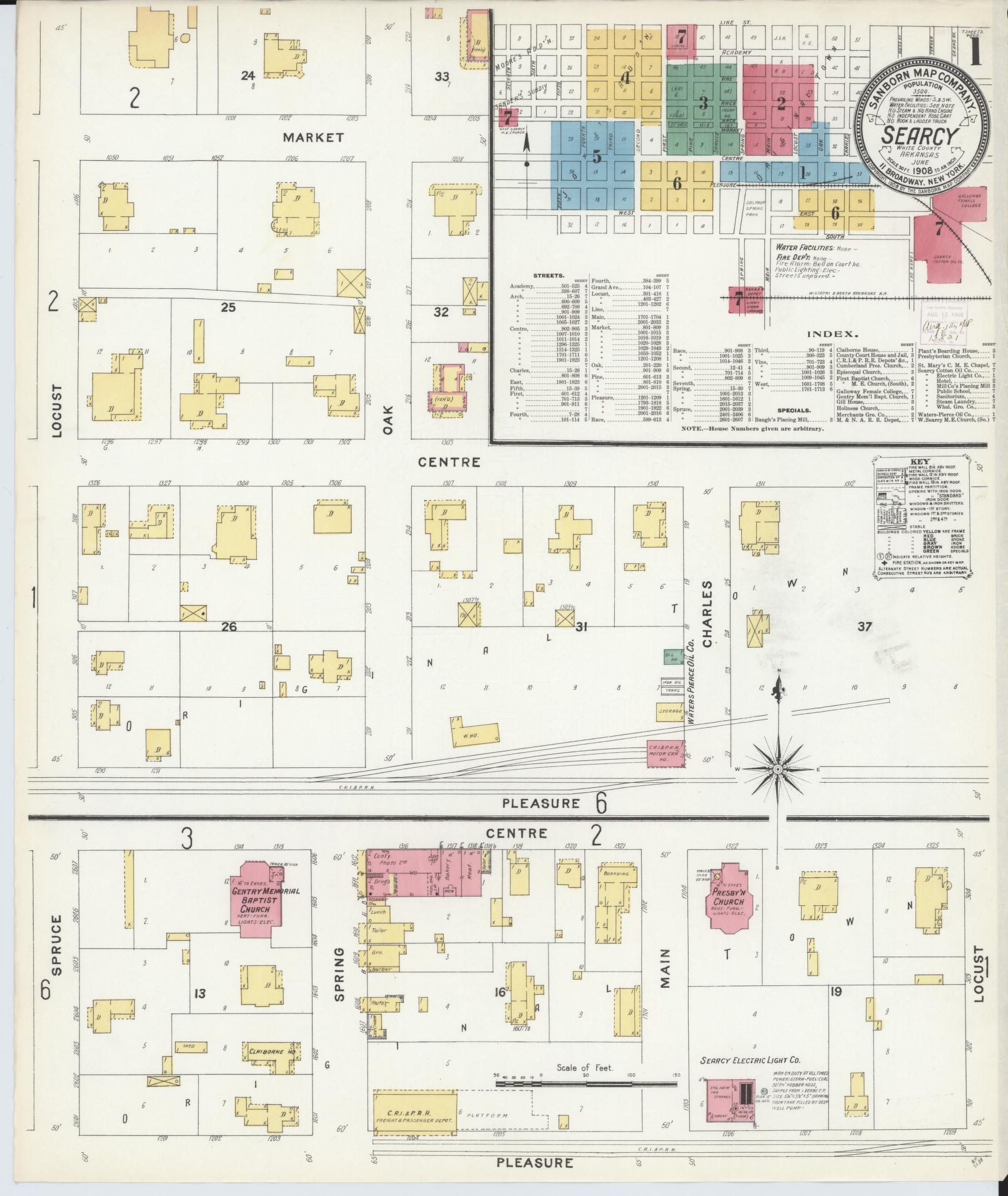 Sanborn Fire Insurance Map from Searcy, White County, Arkansas (1908), Sheet #0001 - Complete Map Set gallery image, historic Sanborn map, vintage wall art, Arkansas Arkansas