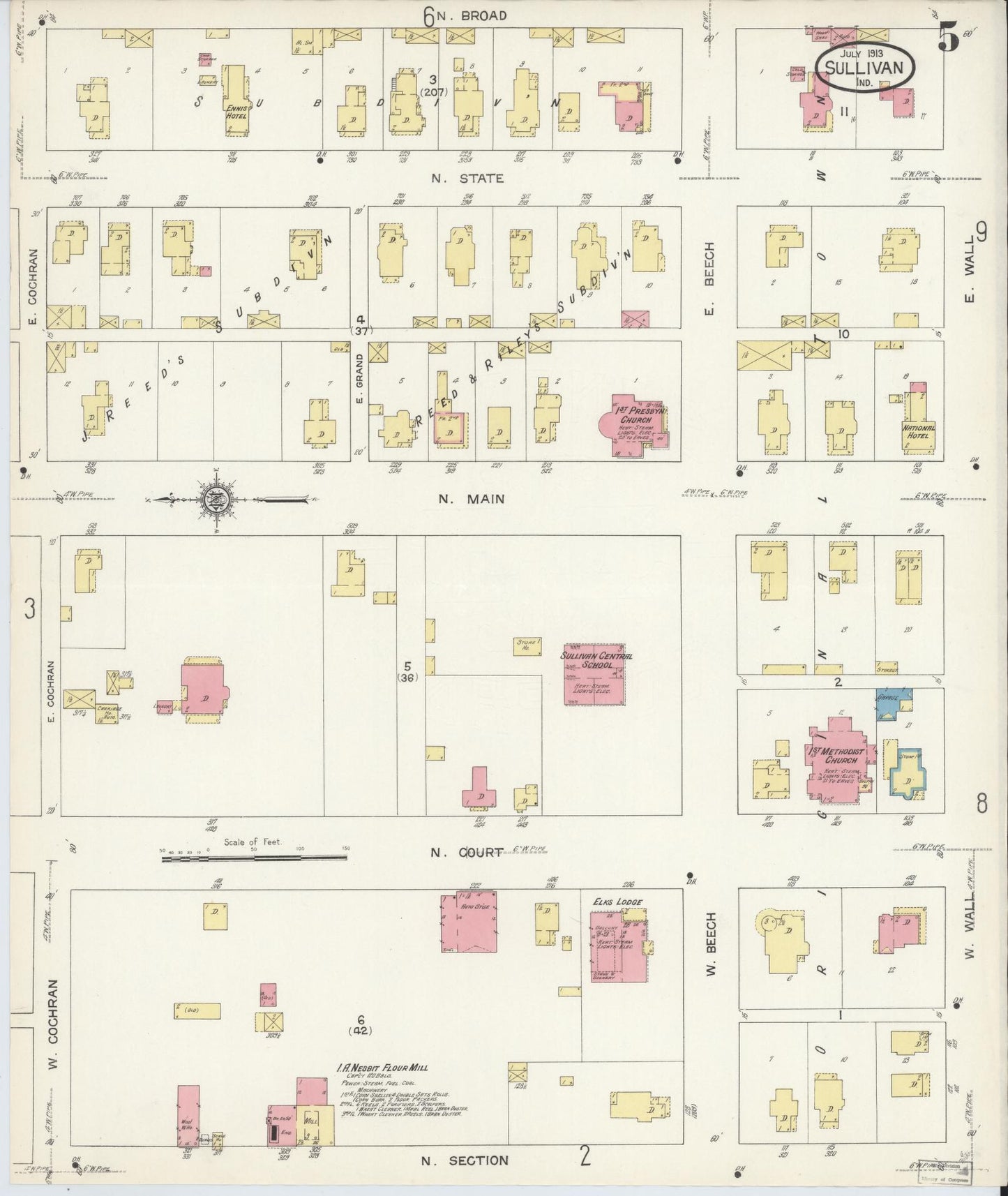 Sanborn Fire Insurance Map from Sullivan, Sullivan County, Indiana (1913), Sheet #0005 - Historic Sanborn Fire Insurance Map Print, vintage old map wall art, antique decor, genealogy gift, Indiana Indiana map