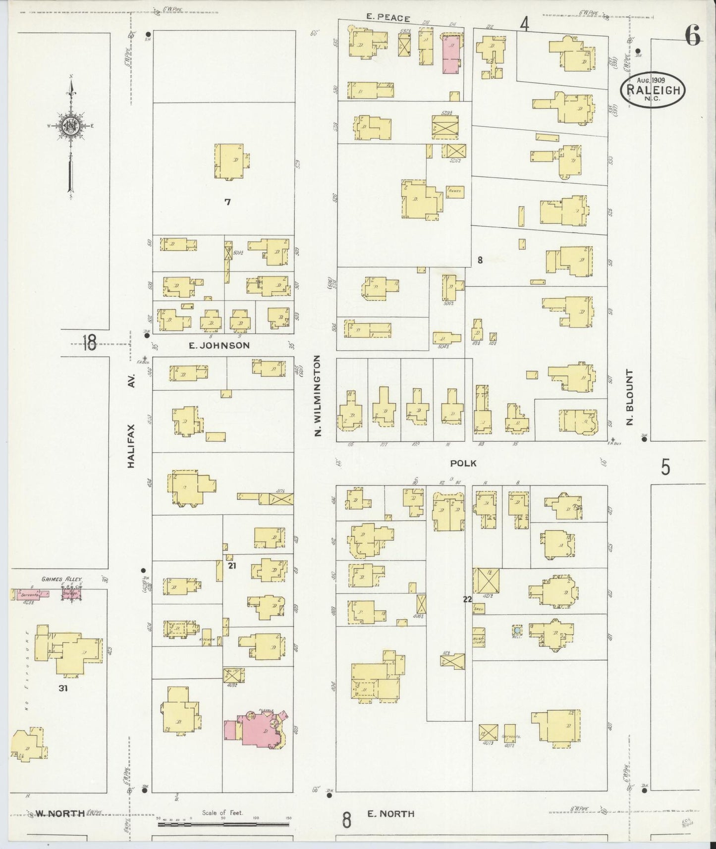 Sanborn Fire Insurance Map from Raleigh, Wake County, North Carolina (1909), Sheet #0006 - Complete Map Set gallery image, historic Sanborn map, vintage wall art, North Carolina North Carolina
