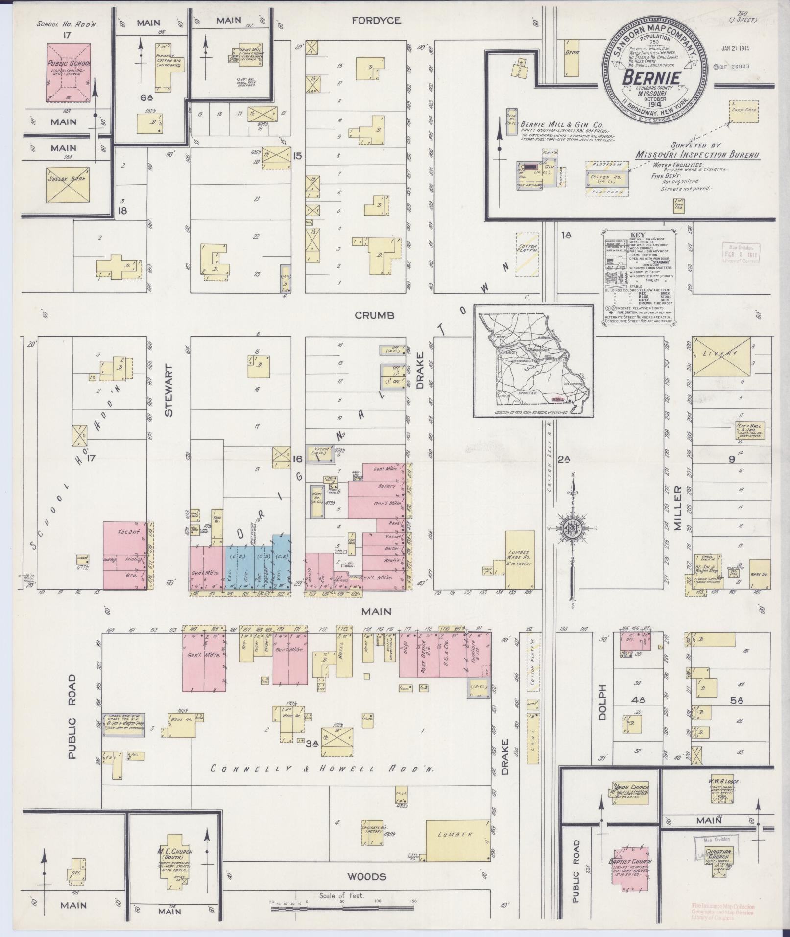 Sanborn Fire Insurance Map from Bernie, Stoddard County, Missouri (1914), Sheet #0001 - Historic Sanborn Fire Insurance Map Print, vintage old map wall art, antique decor, genealogy gift, Missouri Missouri map