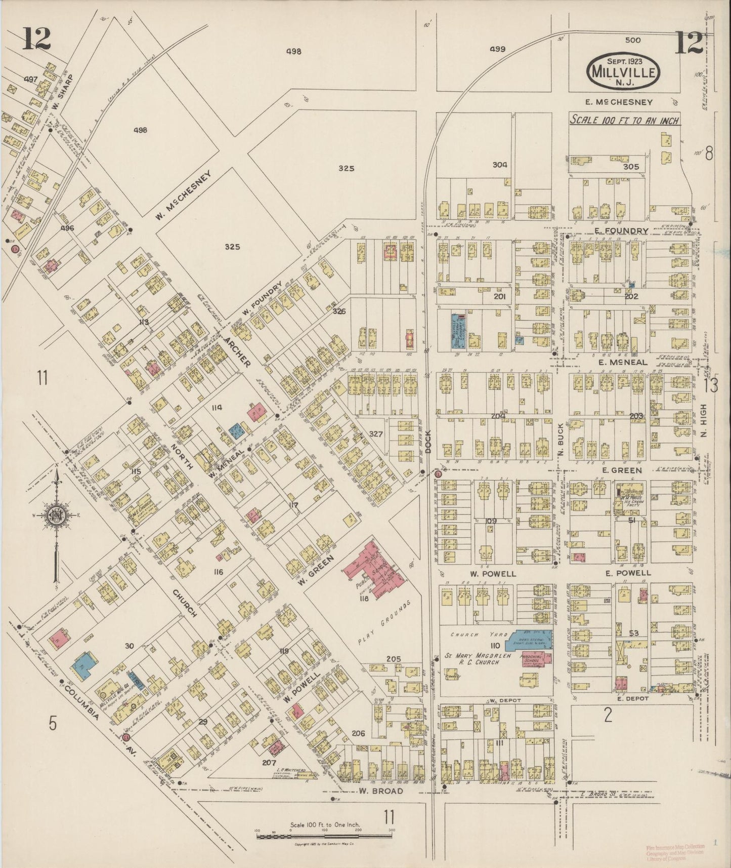 Sanborn Fire Insurance Map from Millville, Cumberland County, New Jersey (1923), Sheet #0012 - Historic Sanborn Fire Insurance Map Print, vintage old map wall art, antique decor, genealogy gift, New Jersey New Jersey map