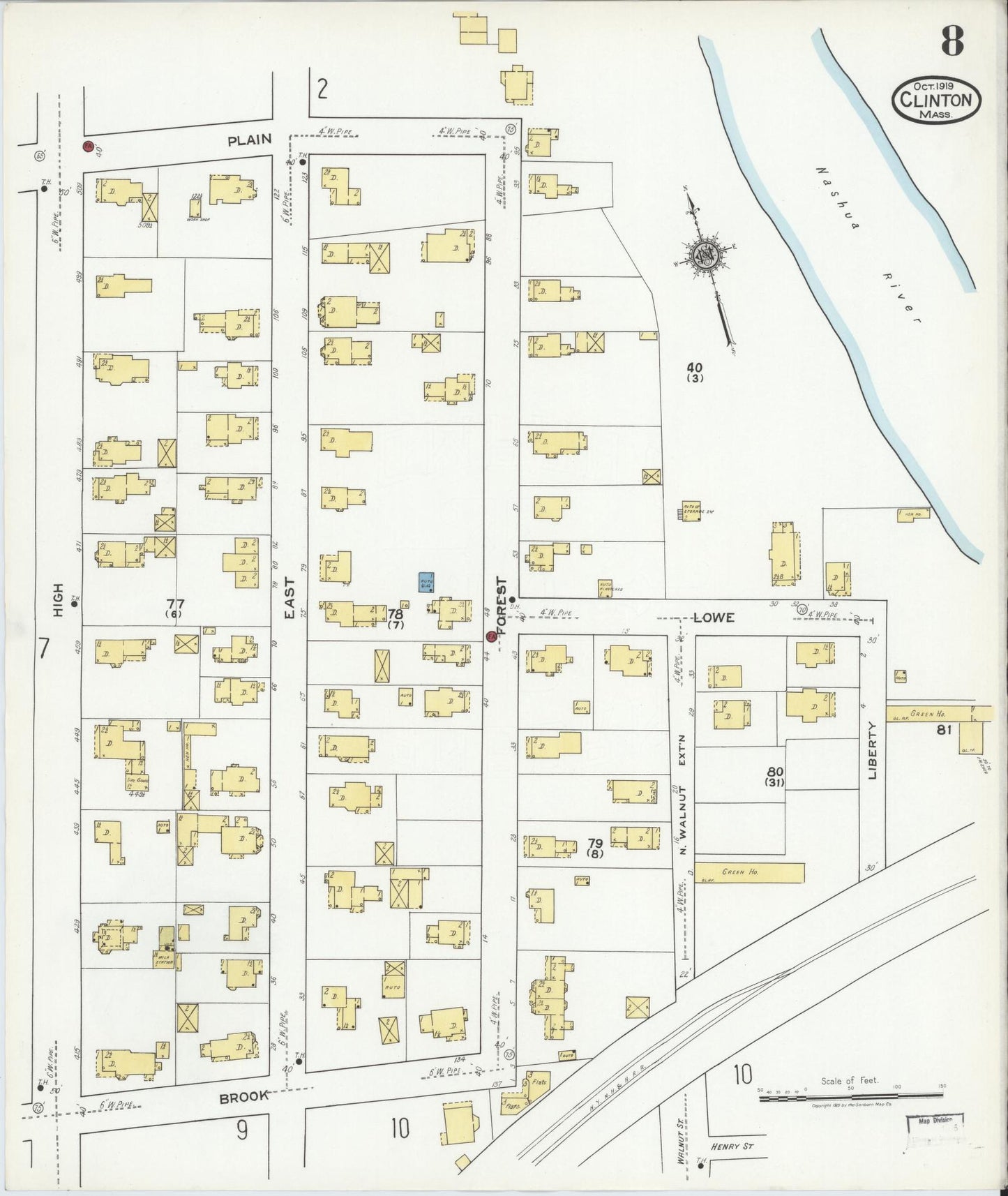 Sanborn Fire Insurance Map from Clinton, Worcester County, Massachusetts (1919), Sheet #0008 - Historic Sanborn Fire Insurance Map Print, vintage old map wall art, antique decor, genealogy gift, Massachusetts Massachusetts map