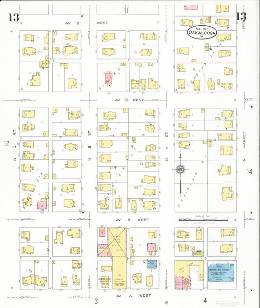 Sanborn Fire Insurance Map from Oskaloosa, Mahaska County, Iowa (1927), Sheet #0013 - Historic Sanborn Fire Insurance Map Print, vintage old map wall art