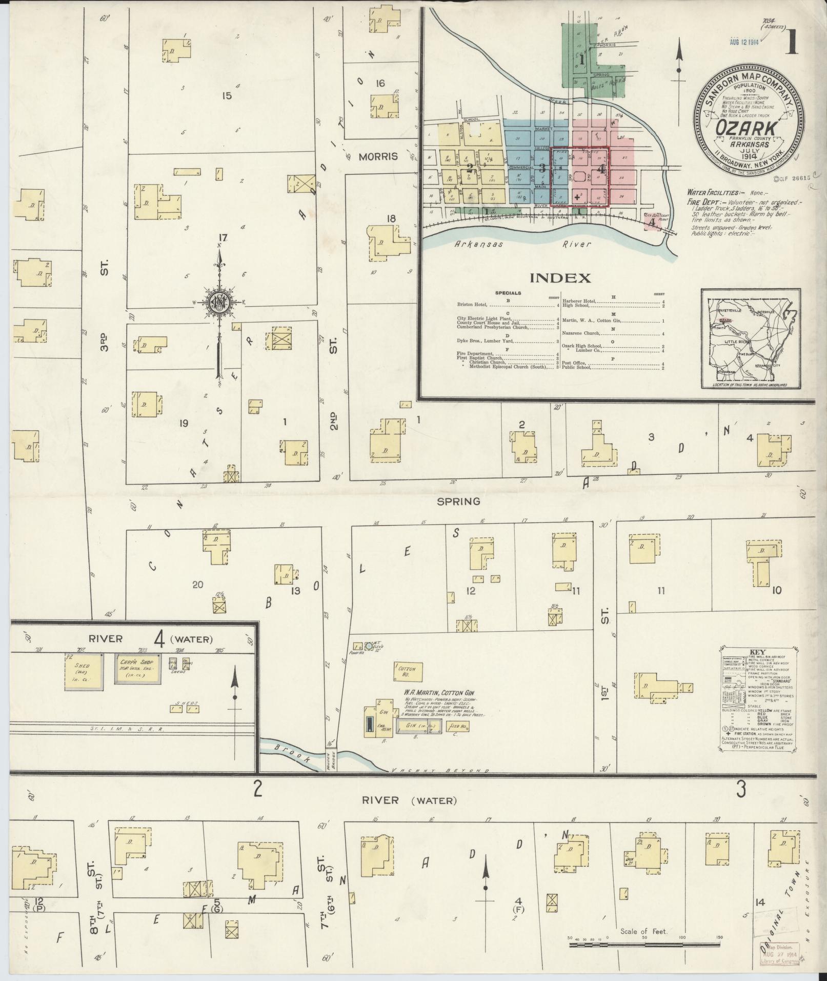 Sanborn Fire Insurance Map from Ozark, Franklin County, Arkansas (1914), Sheet #0001 - Complete Map Set gallery image, historic Sanborn map, vintage wall art, Arkansas Arkansas
