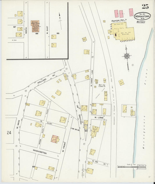 Sanborn Fire Insurance Map from Morgantown, Monongalia County, West Virginia (1911), Sheet #0025 - Historic Sanborn Fire Insurance Map Print, vintage old map wall art, antique decor, genealogy gift, West Virginia West Virginia map