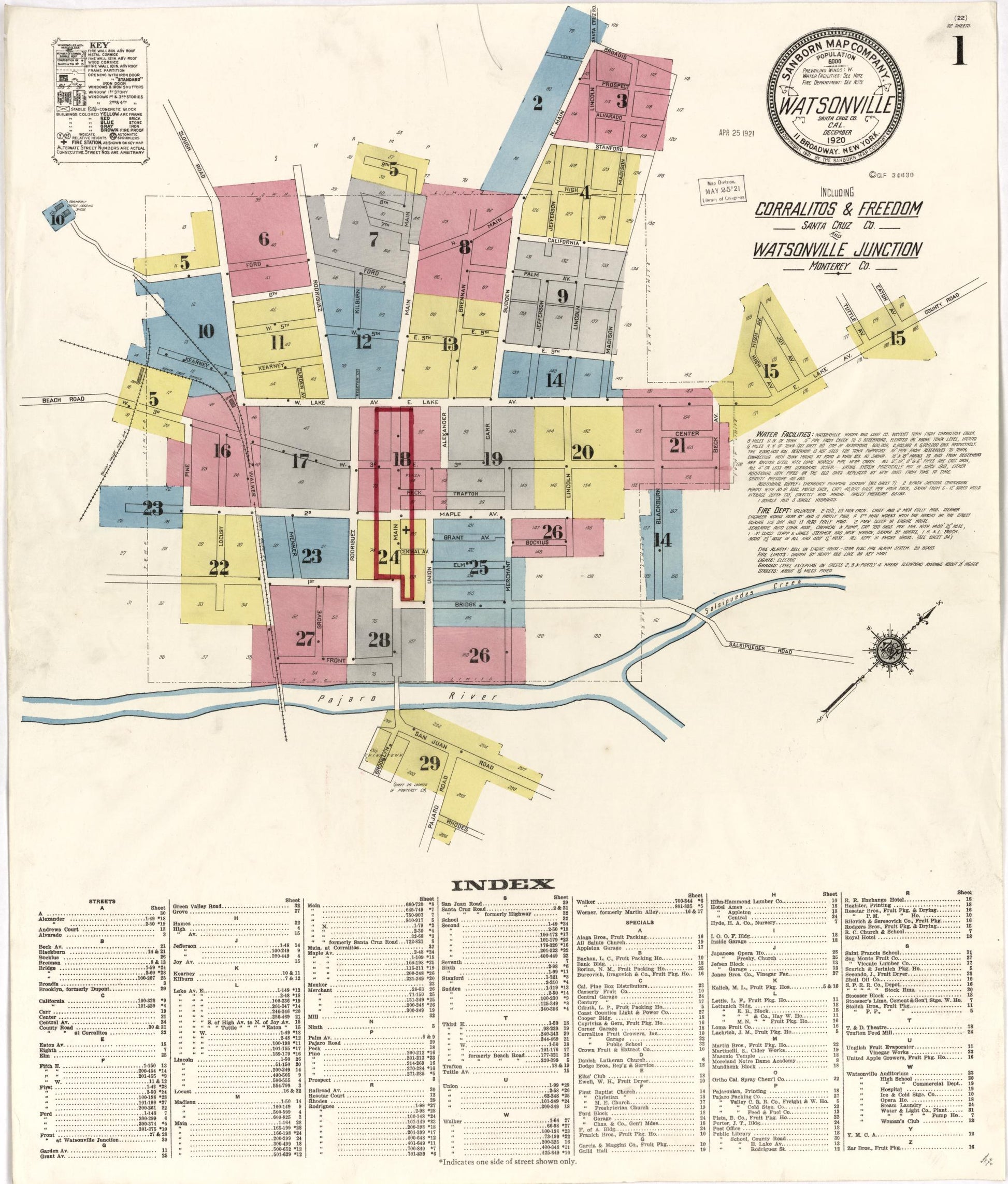 Sanborn Fire Insurance Map from Watsonville, Santa Cruz County, California. (1920) – Historic Sanborn Fire Insurance Map Print