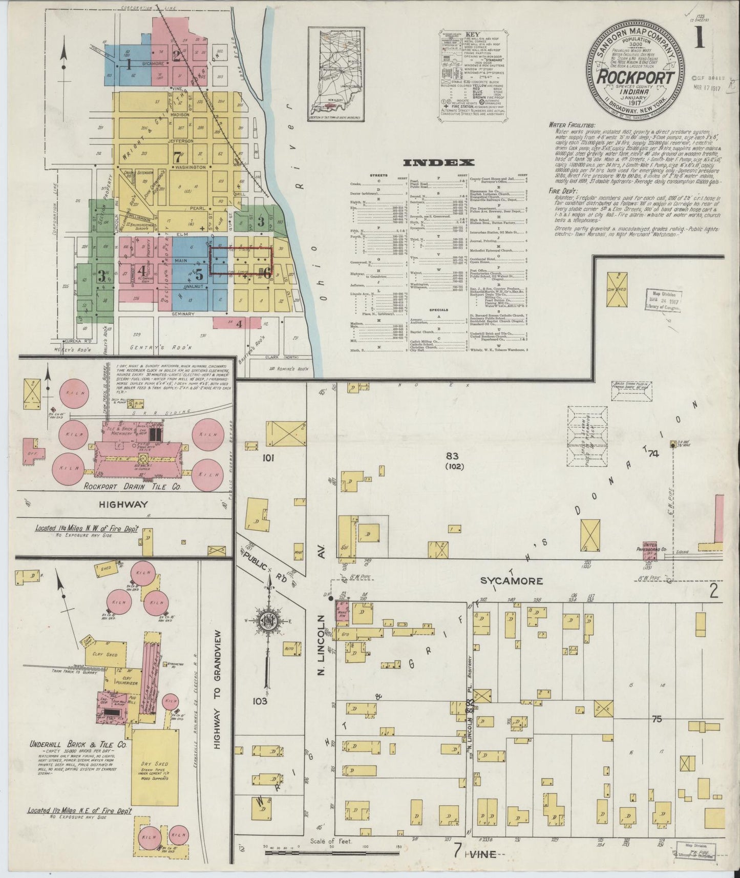 Sanborn Fire Insurance Map from Rockport, Spencer County, Indiana (1917), Sheet #0001 - Historic Sanborn Fire Insurance Map Print, vintage old map wall art, antique decor, genealogy gift, Indiana Indiana map