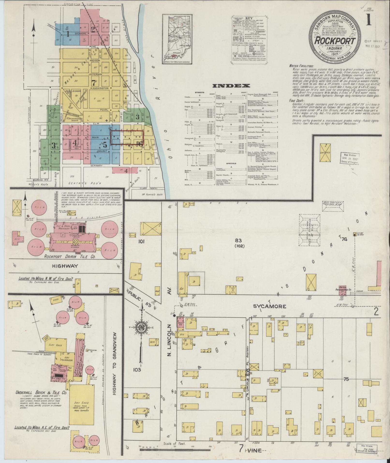 Sanborn Fire Insurance Map from Rockport, Spencer County, Indiana (1917), Sheet #0001 - Historic Sanborn Fire Insurance Map Print, vintage old map wall art, antique decor, genealogy gift, Indiana Indiana map