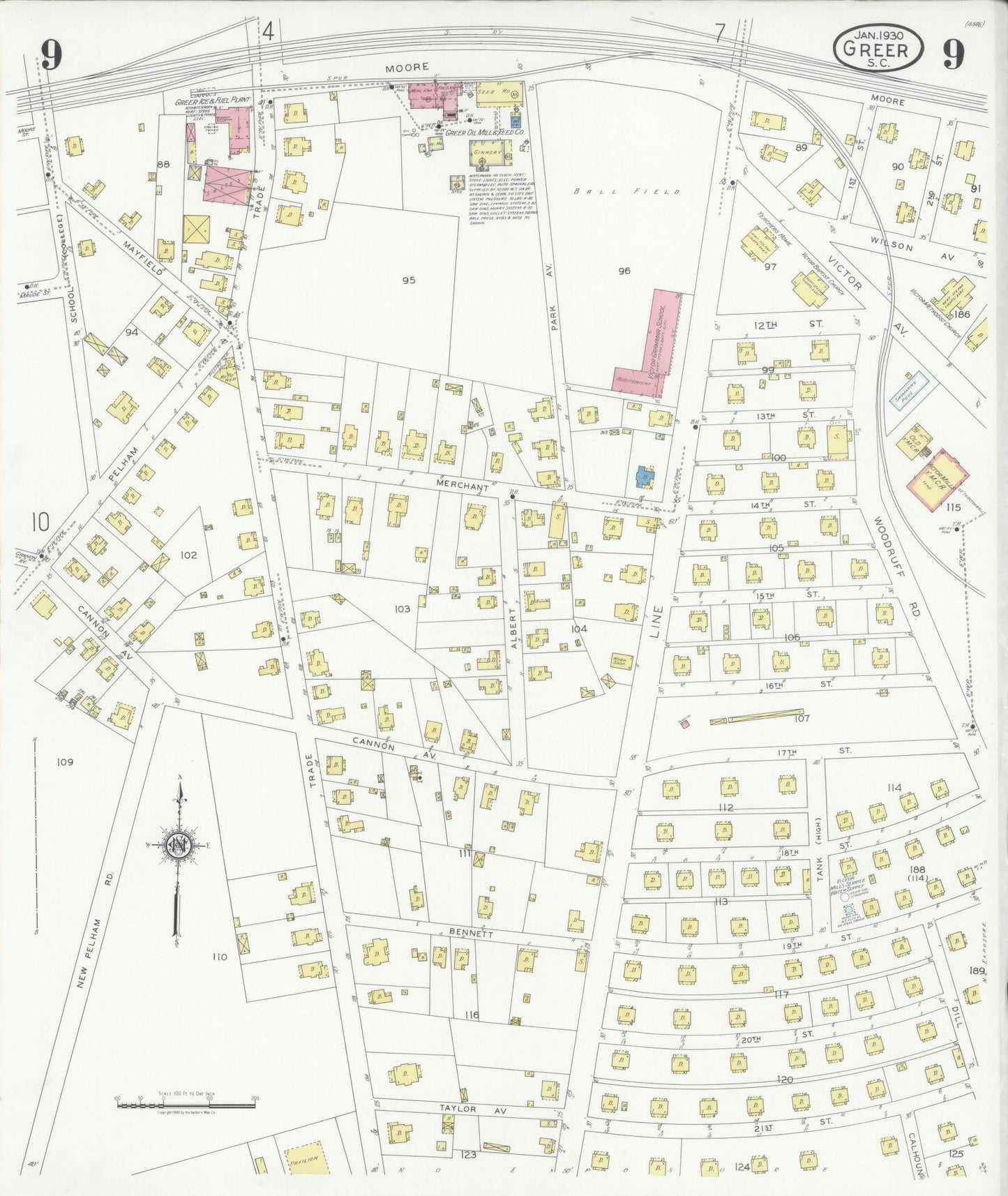 Sanborn Fire Insurance Map from Greer, Greenville and Spartanburg Counties, South Carolina (1930), Sheet #0009 - Historic Sanborn Fire Insurance Map Print, vintage old map wall art, antique decor, genealogy gift, South Carolina South Carolina map