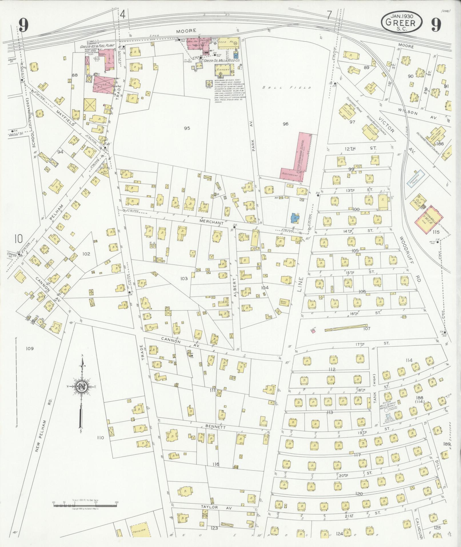 Sanborn Fire Insurance Map from Greer, Greenville and Spartanburg Counties, South Carolina (1930), Sheet #0009 - Historic Sanborn Fire Insurance Map Print, vintage old map wall art, antique decor, genealogy gift, South Carolina South Carolina map