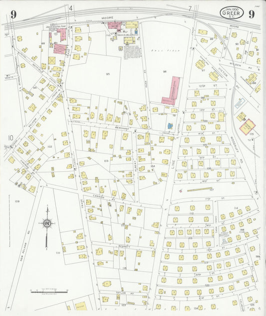 Sanborn Fire Insurance Map from Greer, Greenville and Spartanburg Counties, South Carolina (1930), Sheet #0009 - Historic Sanborn Fire Insurance Map Print, vintage old map wall art, antique decor, genealogy gift, South Carolina South Carolina map