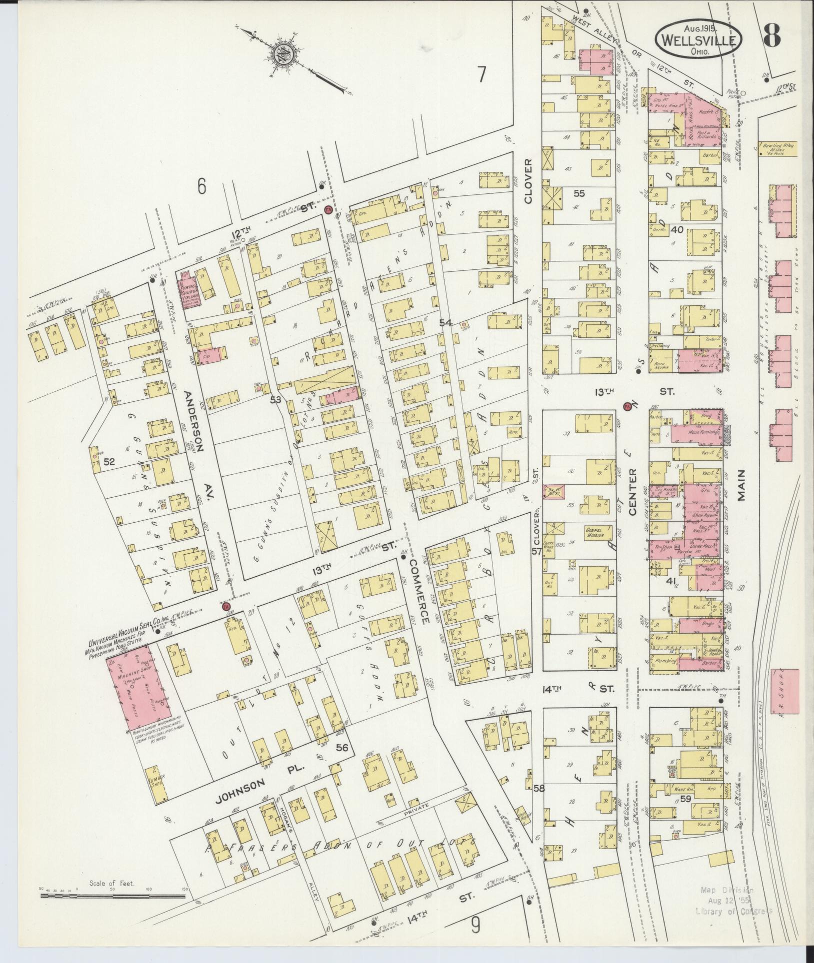 Sanborn Fire Insurance Map from Wellsville, Columbiana County, Ohio (1915), Sheet #0008 - Historic Sanborn Fire Insurance Map Print, vintage old map wall art, antique decor, genealogy gift, Ohio Ohio map