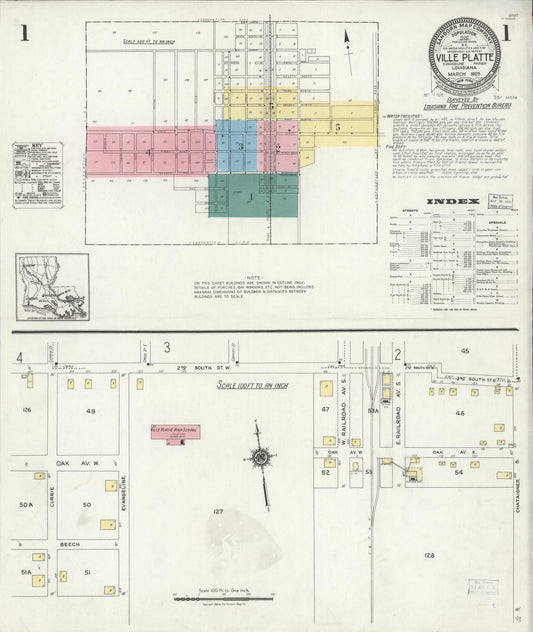 Sanborn Fire Insurance Map from Ville Platte, Evangeline Parish, Louisiana (1925), Sheet #0001 - Historic Sanborn Fire Insurance Map Print, vintage old map wall art, antique decor, genealogy gift, Louisiana Louisiana map