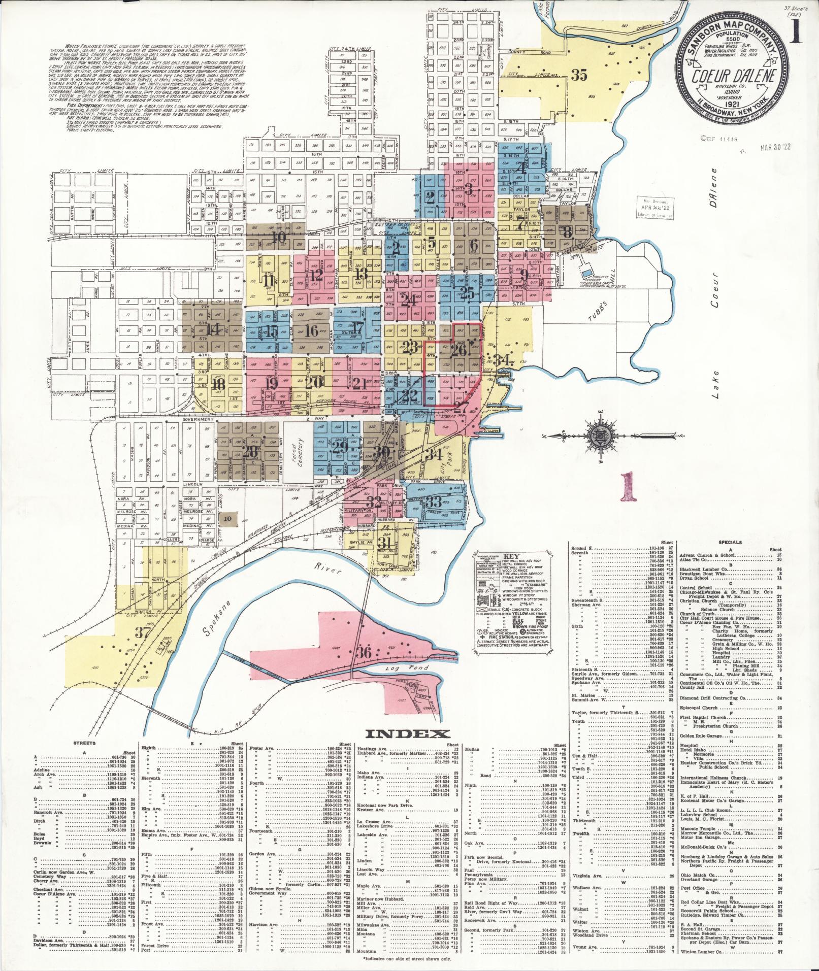 Sanborn Fire Insurance Map from Coeur D'alene, Kootenai County, Idaho (1921), Sheet #0001 - Historic Sanborn Fire Insurance Map Print, vintage old map wall art, antique decor, genealogy gift, Idaho Idaho map