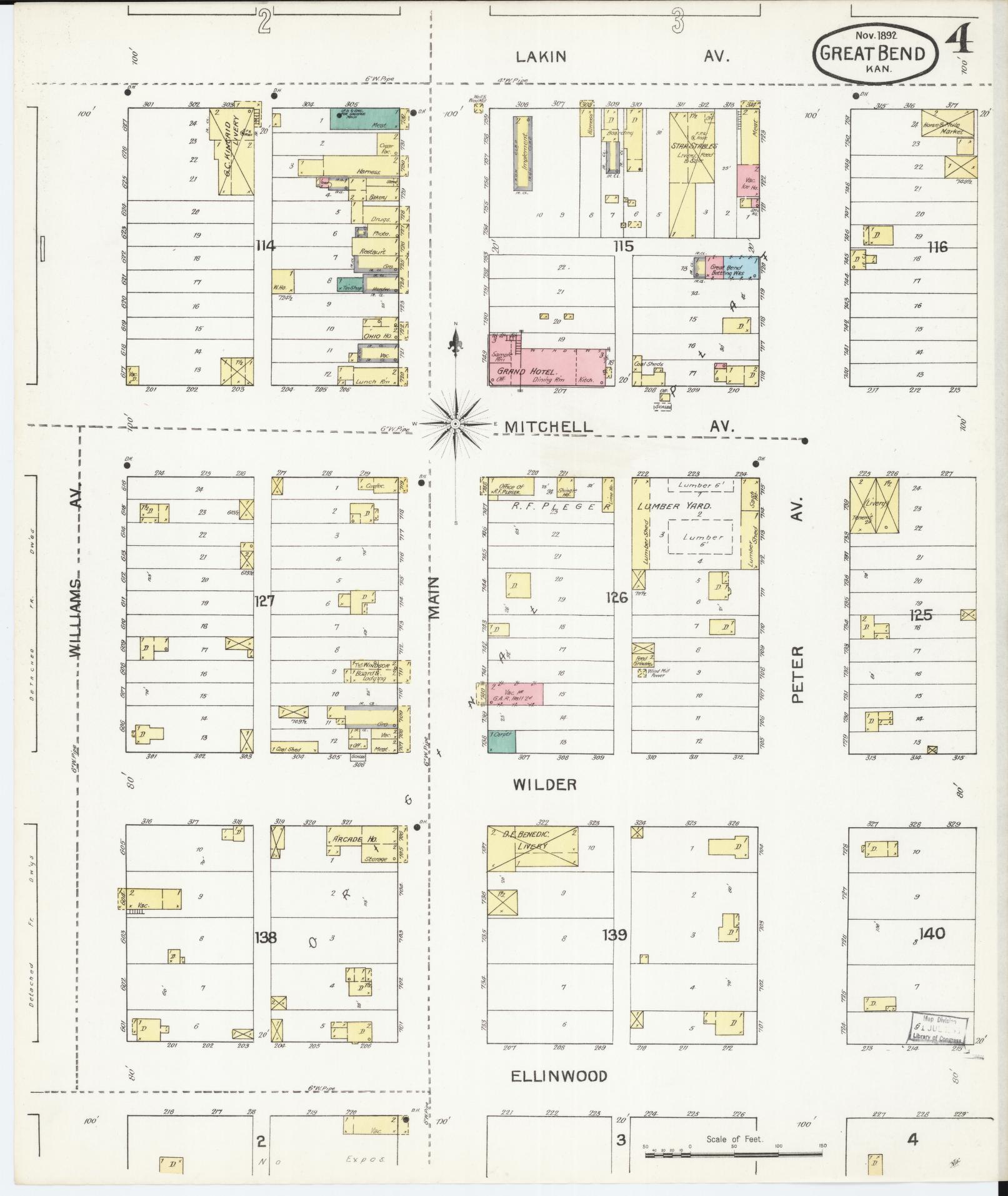 Sanborn Fire Insurance Map from Great Bend, Barton County, Kansas (1892), Sheet #0004 - Historic Sanborn Fire Insurance Map Print, vintage old map wall art, antique decor, genealogy gift, Kansas Kansas map