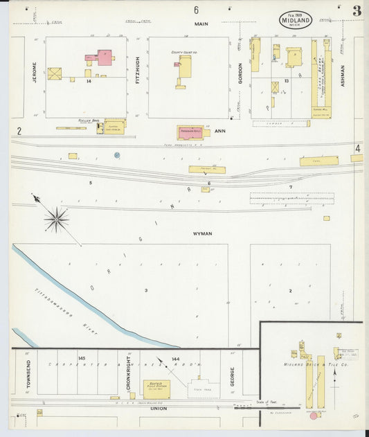 Sanborn Fire Insurance Map from Midland, Midland County, Michigan (1909), Sheet #0003 - Historic Sanborn Fire Insurance Map Print, vintage old map wall art, antique decor, genealogy gift, Michigan Michigan map