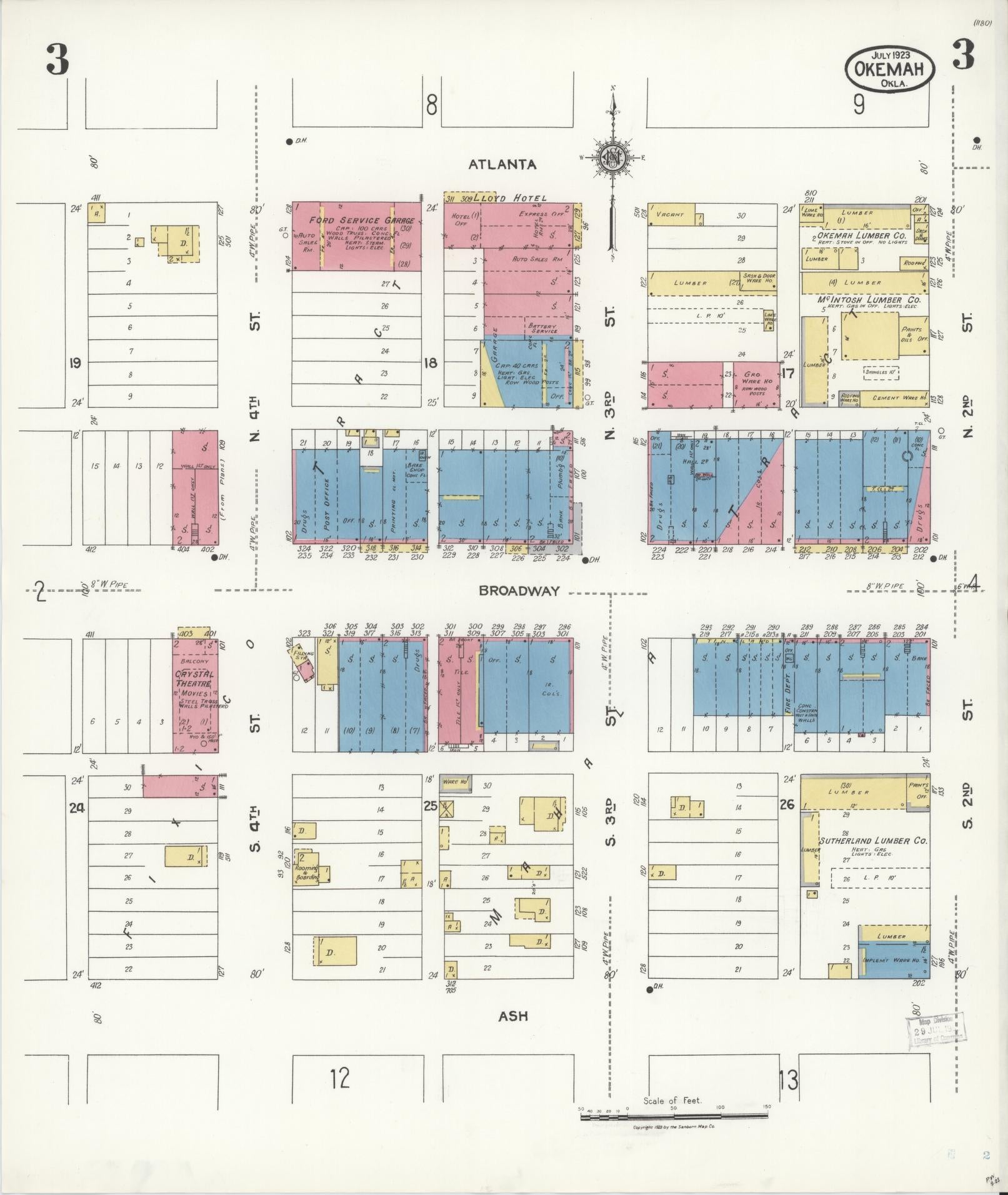 Sanborn Fire Insurance Map from Okemah, Okfuskee County, Oklahoma (1923), Sheet #0003 - Complete Map Set gallery image, historic Sanborn map, vintage wall art, Oklahoma Oklahoma