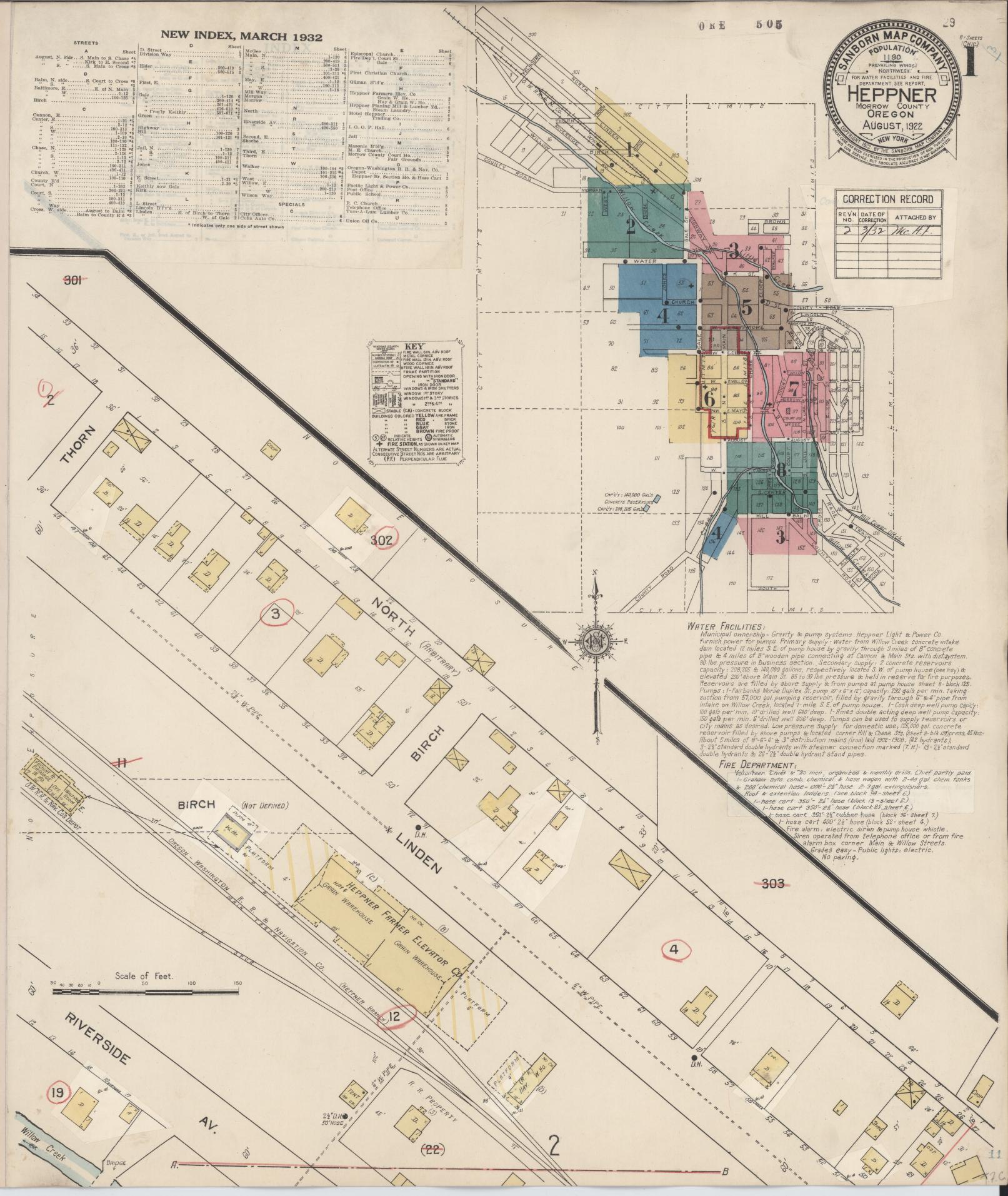 Sanborn Fire Insurance Map from Heppner, Morrow County, Oregon (1932), Sheet #0001 - Historic Sanborn Fire Insurance Map Print, vintage old map wall art, antique decor, genealogy gift, Oregon Oregon map