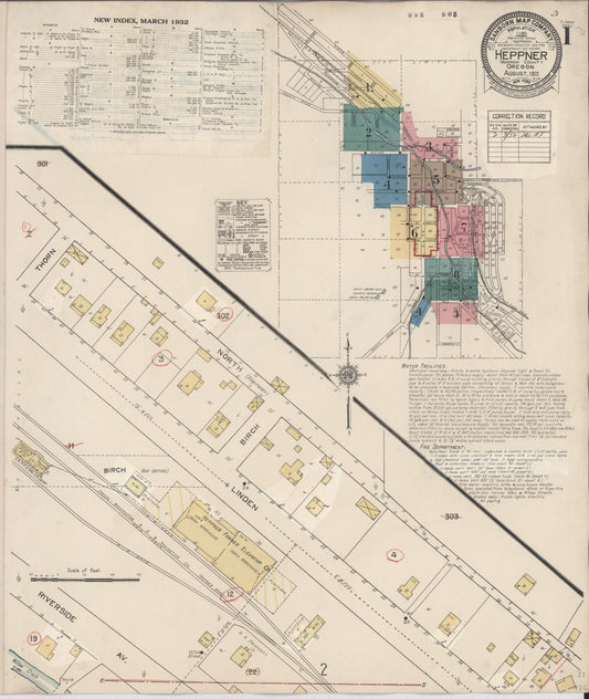 Sanborn Fire Insurance Map from Heppner, Morrow County, Oregon (1932), Sheet #0001 - Historic Sanborn Fire Insurance Map Print, vintage old map wall art, antique decor, genealogy gift, Oregon Oregon map