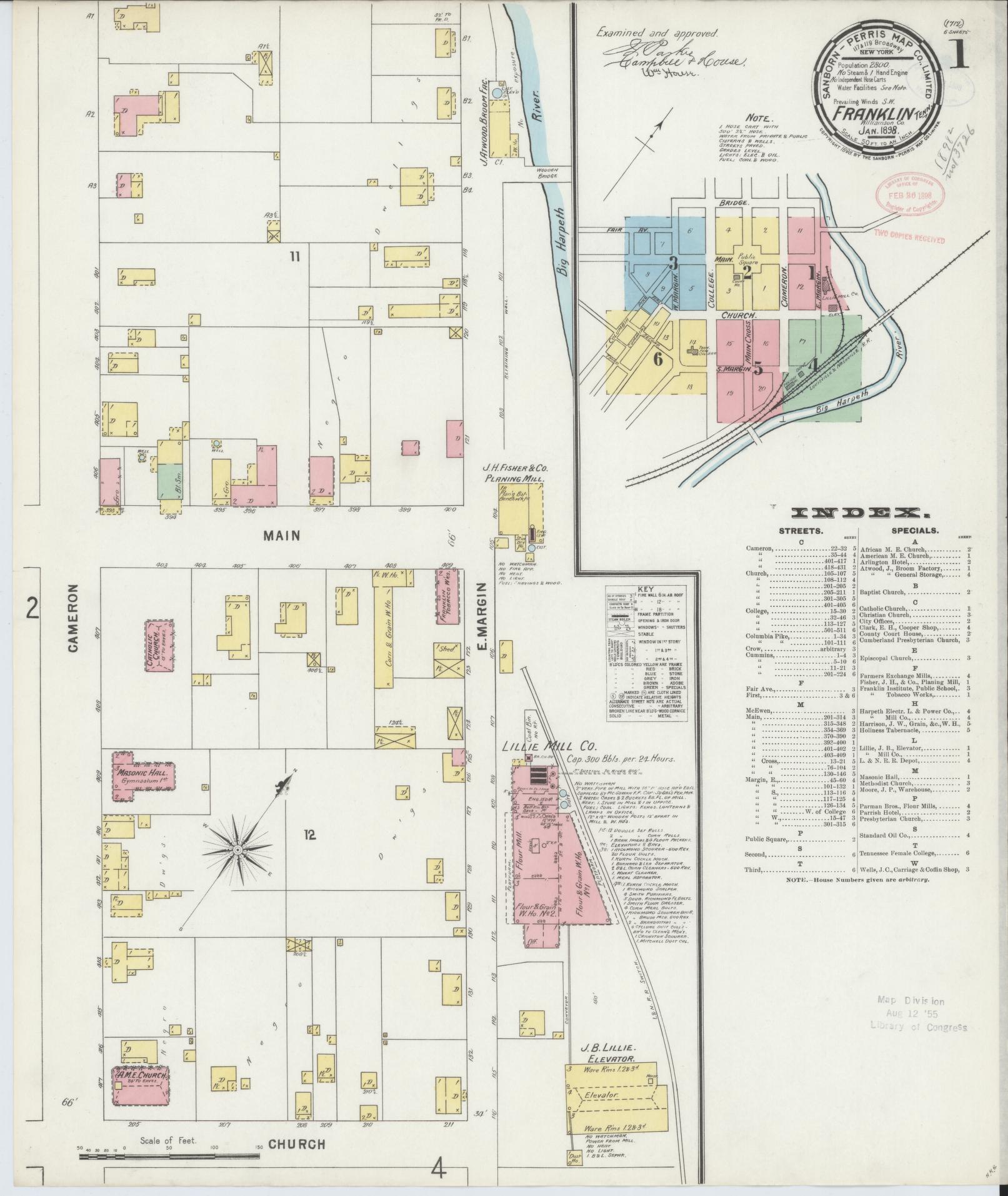 Sanborn Fire Insurance Map from Franklin, Williamson County, Tennessee. (1898) – Historic Sanborn Fire Insurance Map Print