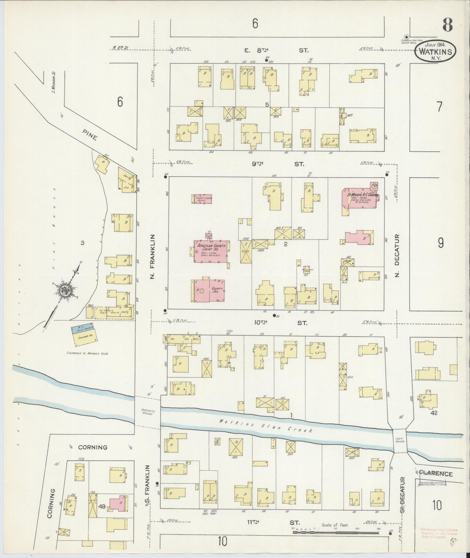 Sanborn Fire Insurance Map from Watkins Glen, Schuyler County, New York (1914), Sheet #0008 - Complete Map Set gallery image, historic Sanborn map, vintage wall art, New York New York