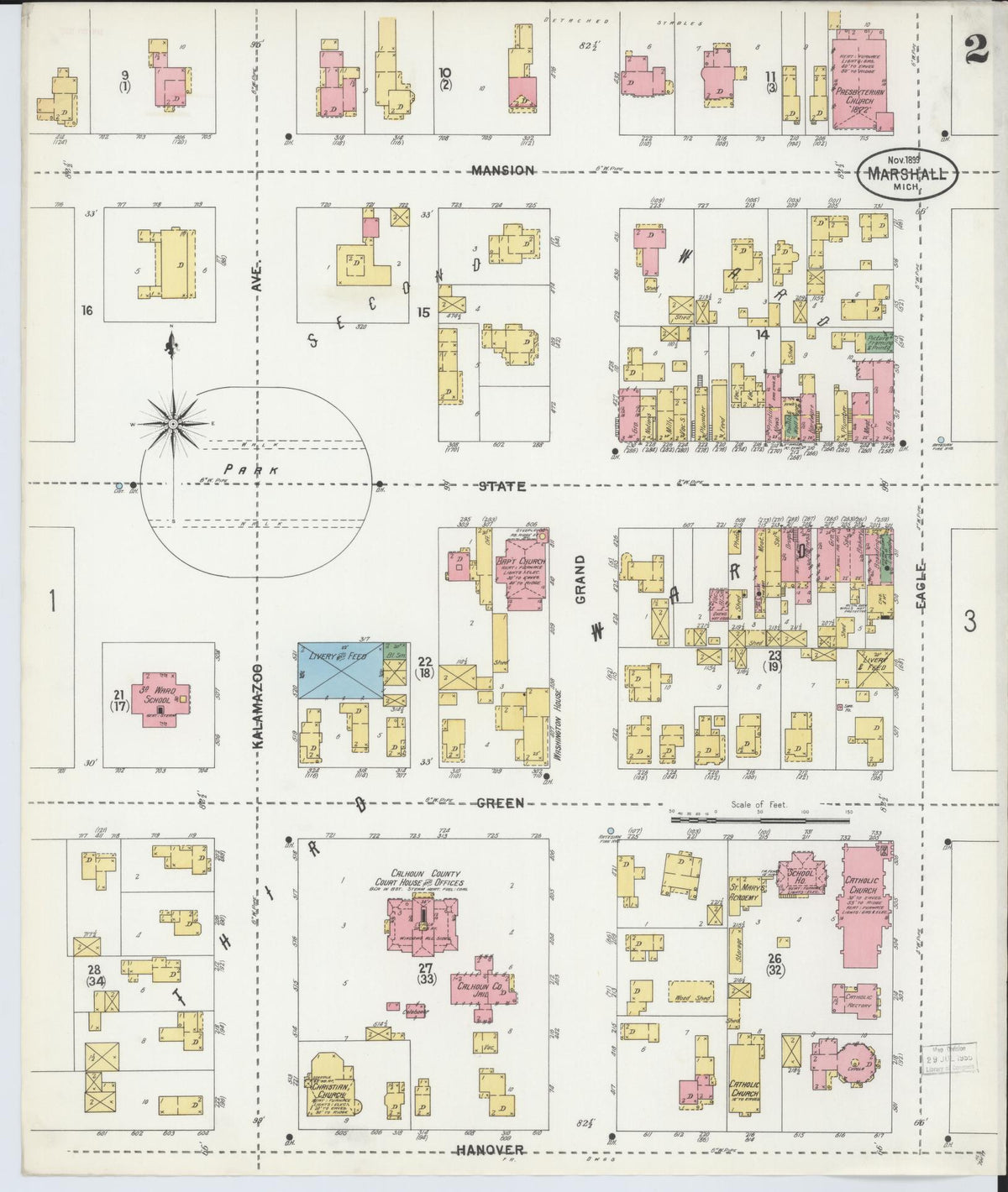 Sanborn Fire Insurance Map from Marshall, Calhoun County, Michigan (1899), Sheet #0002 - Historic Sanborn Fire Insurance Map Print, vintage old map wall art, antique decor, genealogy gift, Michigan Michigan map