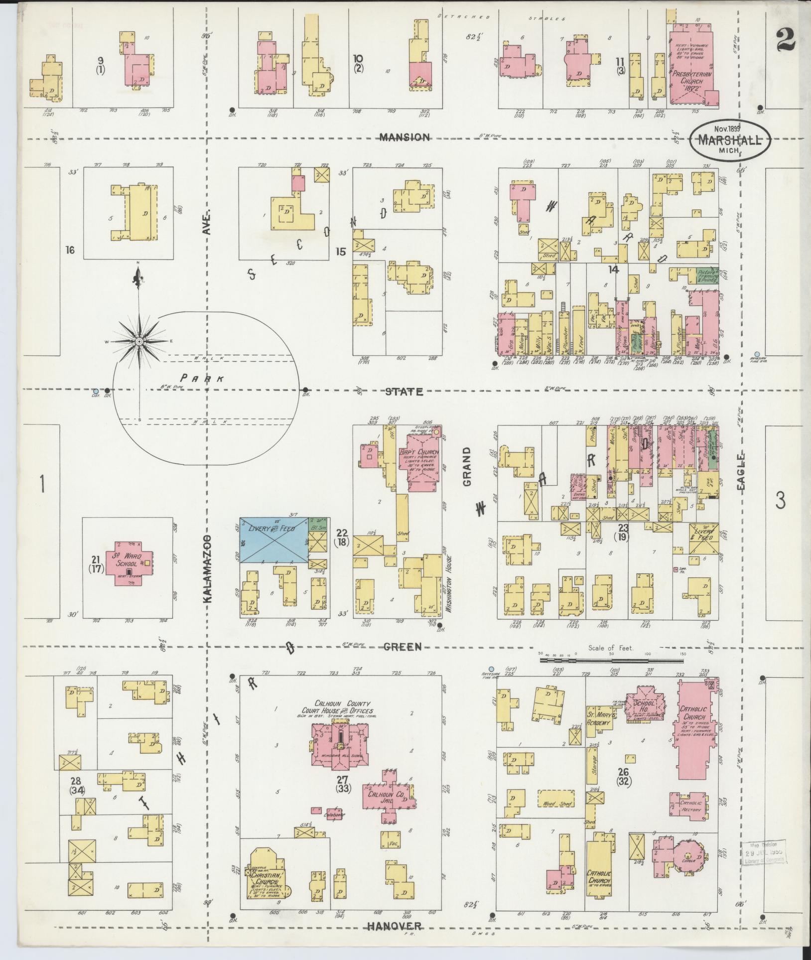 Sanborn Fire Insurance Map from Marshall, Calhoun County, Michigan (1899), Sheet #0002 - Historic Sanborn Fire Insurance Map Print, vintage old map wall art, antique decor, genealogy gift, Michigan Michigan map
