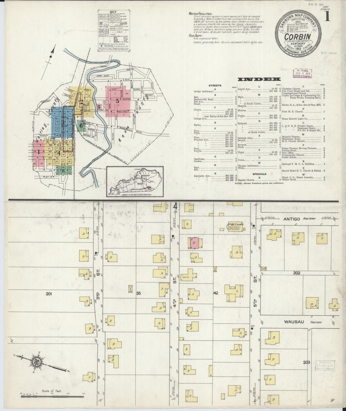 Sanborn Fire Insurance Map from Corbin, Knox and Whitley Counties, Kentucky (1913), Sheet #0001 - Complete Map Set gallery image, historic Sanborn map, vintage wall art, Kentucky Kentucky