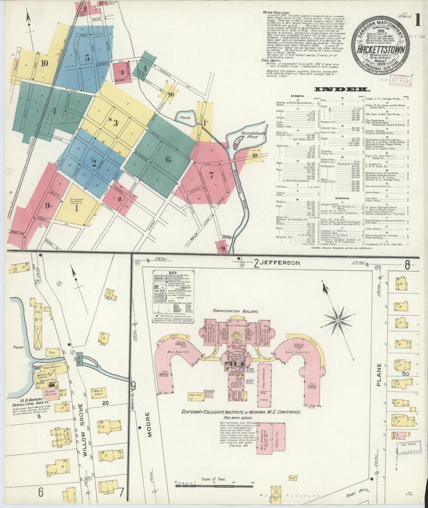 Sanborn Fire Insurance Map from Hackettstown, Warren County, New Jersey (1909), Sheet #0001 - Complete Map Set gallery image, historic Sanborn map, vintage wall art, New Jersey New Jersey