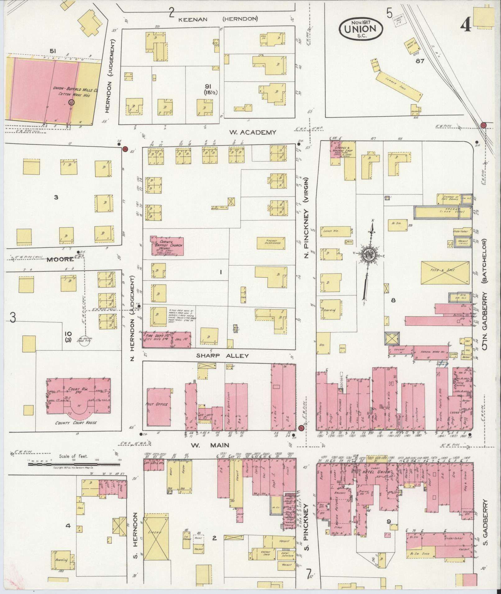 Sanborn Fire Insurance Map from Union, Union County, South Carolina (1917), Sheet #0004 - Complete Map Set gallery image, historic Sanborn map, vintage wall art, South Carolina South Carolina