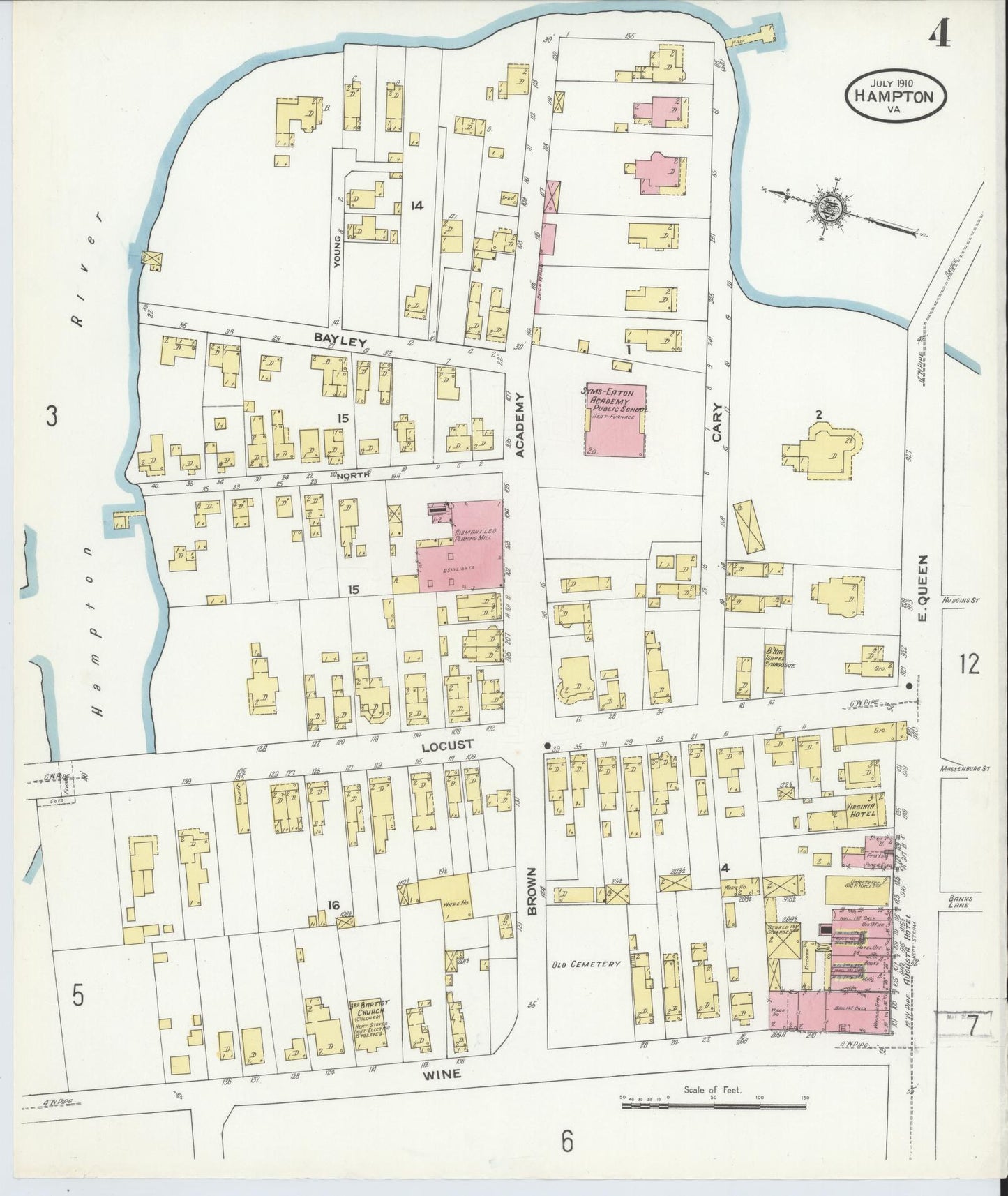 Sanborn Fire Insurance Map from Hampton, Independent Cities, Virginia (1910), Sheet #0004 - Complete Map Set gallery image, historic Sanborn map, vintage wall art, Virginia Virginia