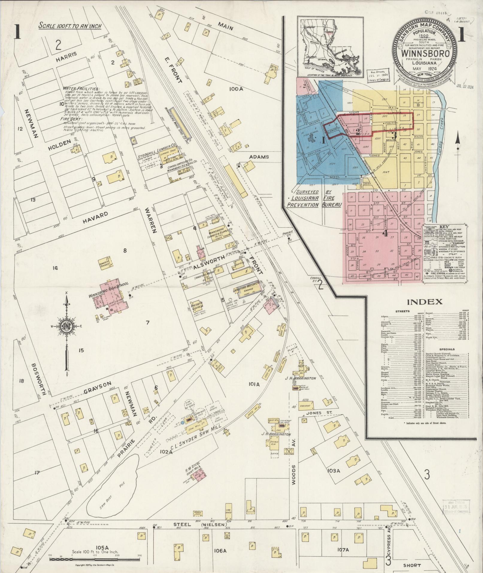 Sanborn Fire Insurance Map from Winnsboro, Franklin Parish, Louisiana. (1924) – Historic Sanborn Fire Insurance Map Print