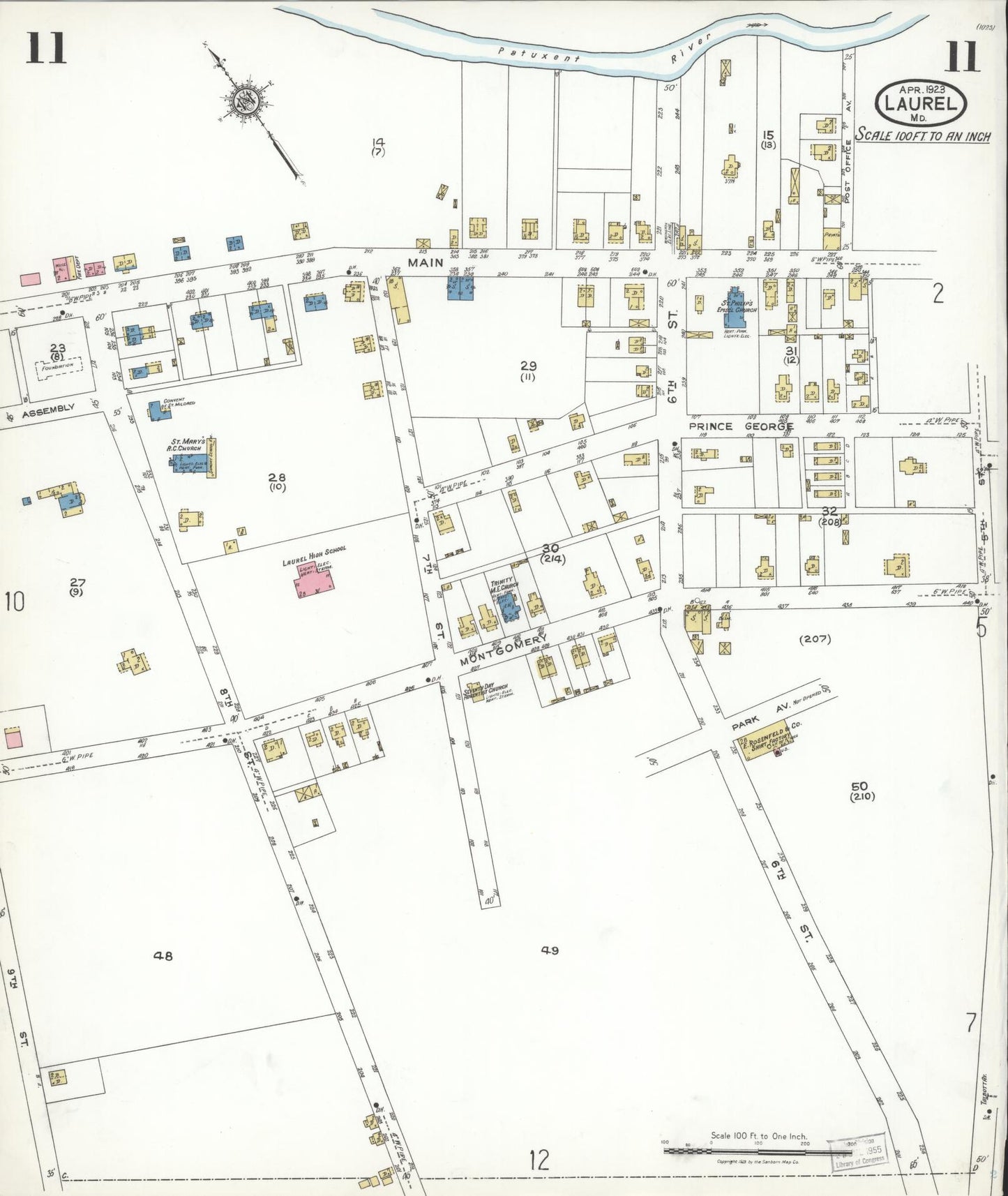 Sanborn Fire Insurance Map from Laurel, Prince Georges County, Maryland (1923), Sheet #0011 - Historic Sanborn Fire Insurance Map Print, vintage old map wall art