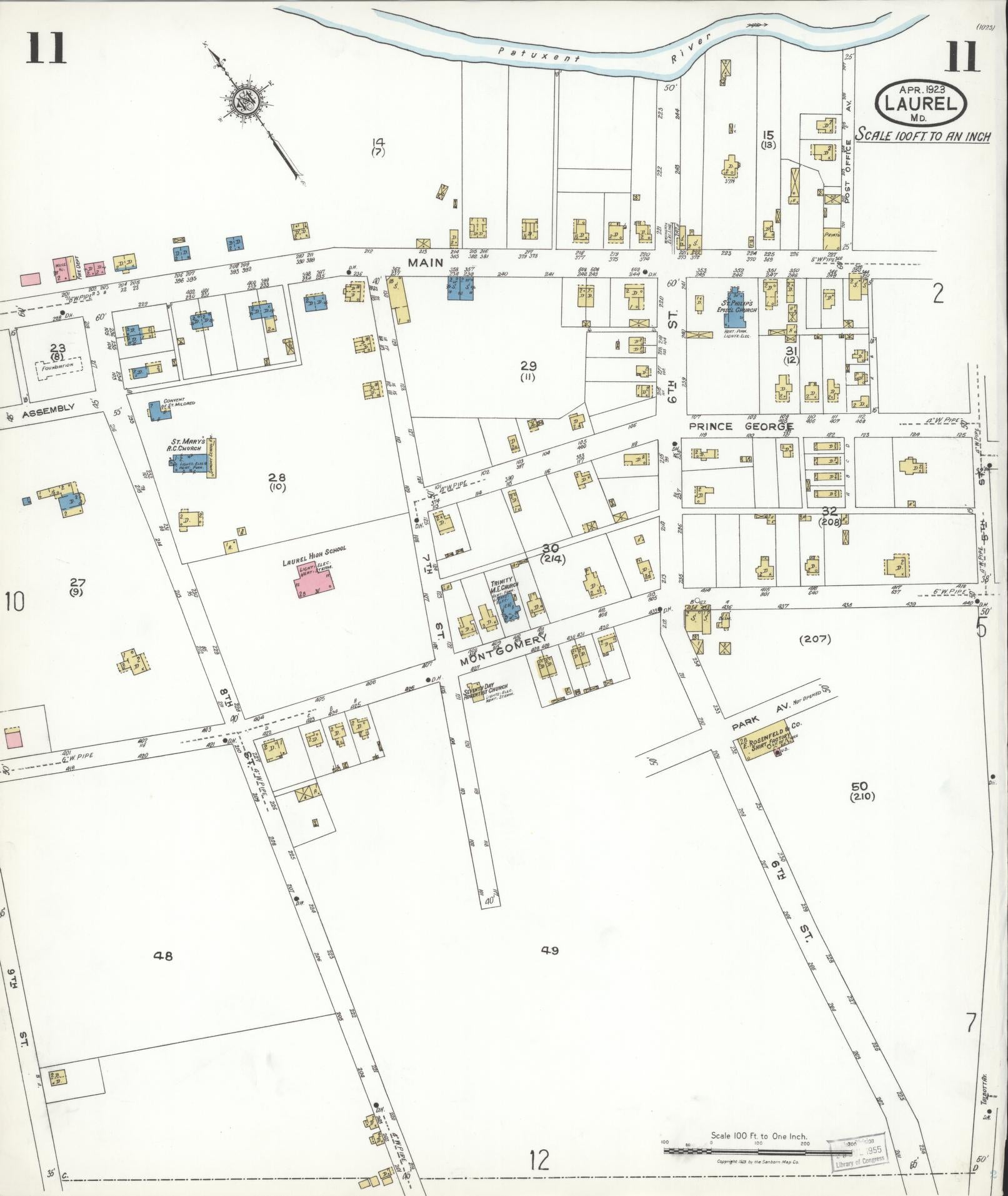 Sanborn Fire Insurance Map from Laurel, Prince Georges County, Maryland (1923), Sheet #0011 - Historic Sanborn Fire Insurance Map Print, vintage old map wall art