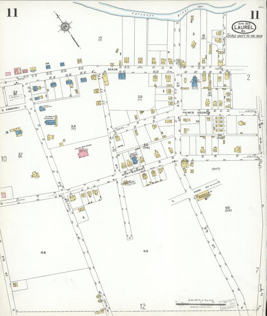 Sanborn Fire Insurance Map from Laurel, Prince Georges County, Maryland (1923), Sheet #0011 - Historic Sanborn Fire Insurance Map Print, vintage old map wall art