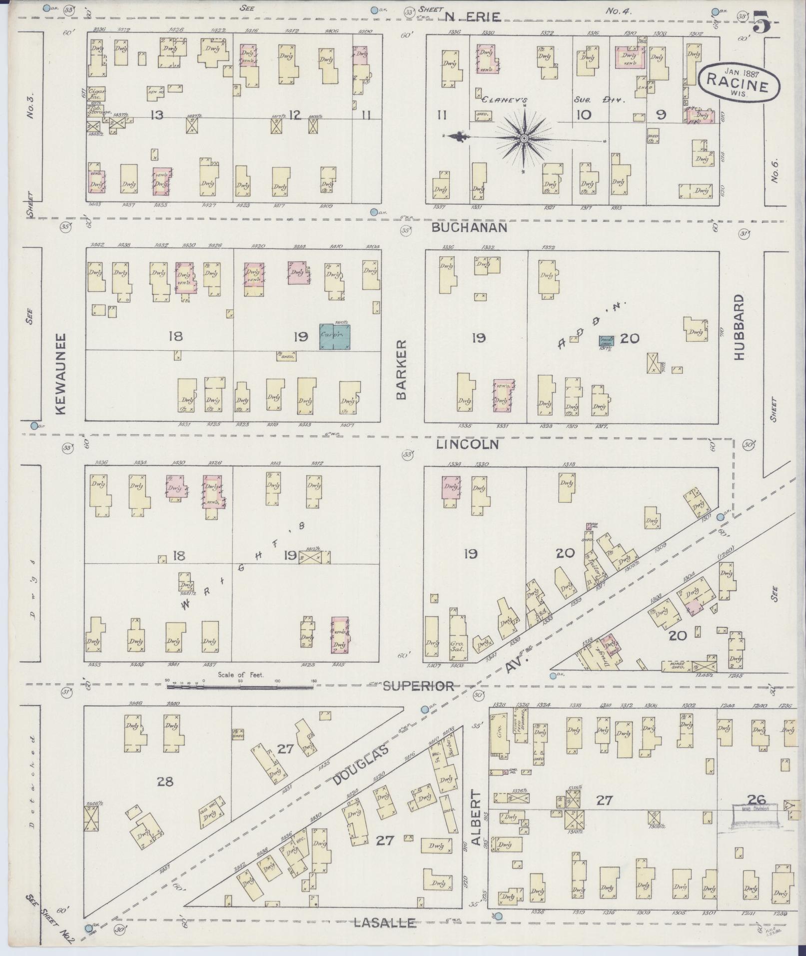 Sanborn Fire Insurance Map from Racine, Racine County, Wisconsin (1887), Sheet #0005 - Historic Sanborn Fire Insurance Map Print, vintage old map wall art, antique decor, genealogy gift, Wisconsin Wisconsin map