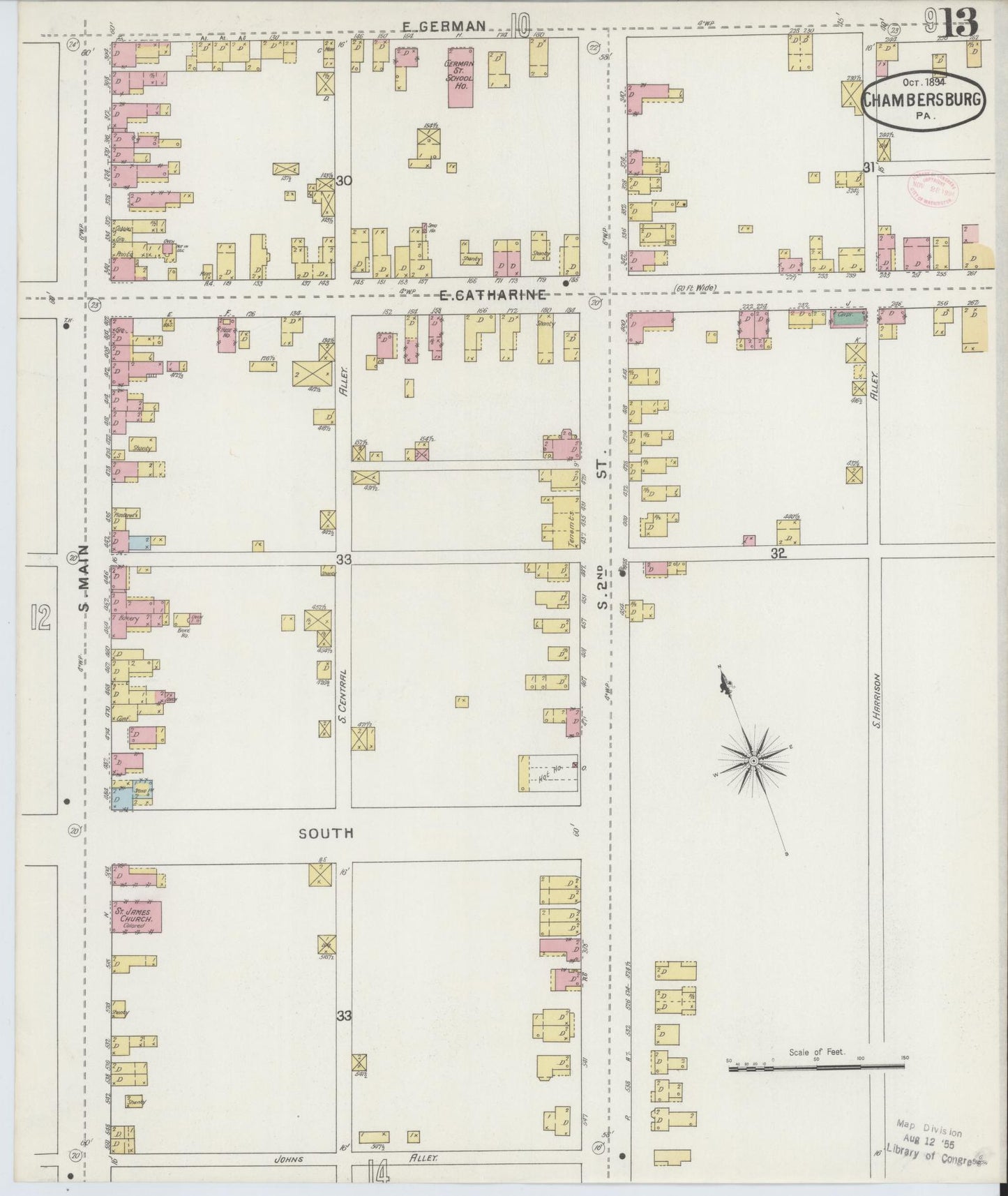 Sanborn Fire Insurance Map from Chambersburg, Franklin County, Pennsylvania (1894), Sheet #0013 - Historic Sanborn Fire Insurance Map Print, vintage old map wall art, antique decor, genealogy gift, Pennsylvania Pennsylvania map