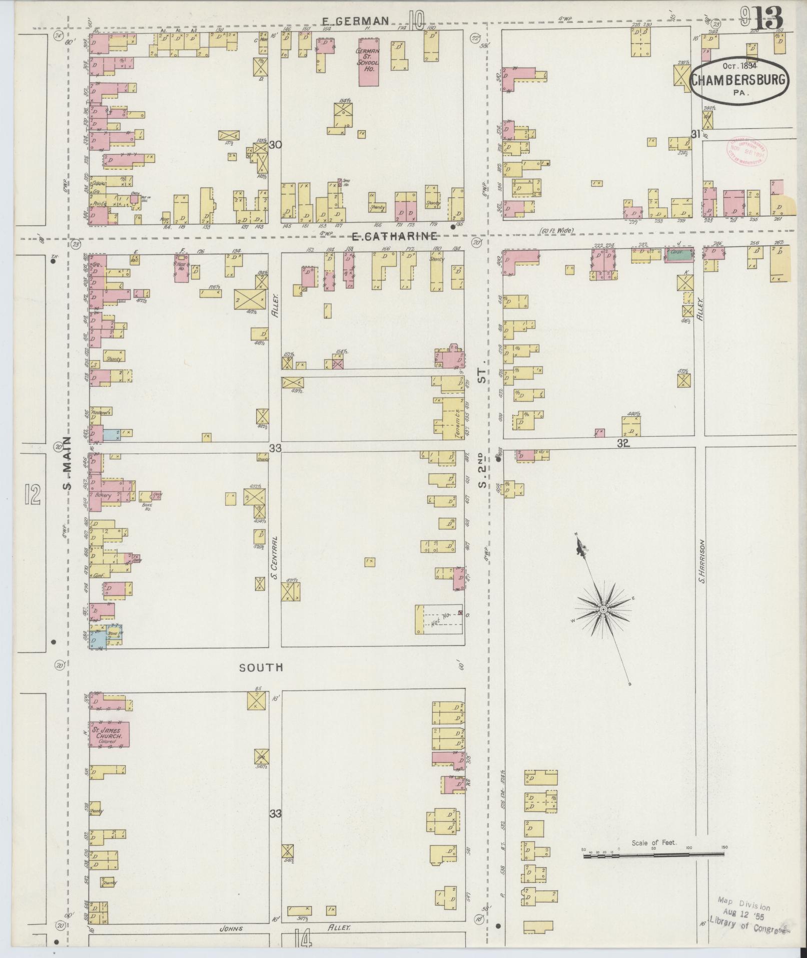 Sanborn Fire Insurance Map from Chambersburg, Franklin County, Pennsylvania (1894), Sheet #0013 - Historic Sanborn Fire Insurance Map Print, vintage old map wall art, antique decor, genealogy gift, Pennsylvania Pennsylvania map