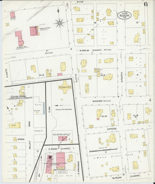 Sanborn Fire Insurance Map from Rogers, Benton County, Arkansas (1908), Sheet #0006 - Historic Sanborn Fire Insurance Map Print, vintage old map wall art, antique decor, genealogy gift, Arkansas Arkansas map