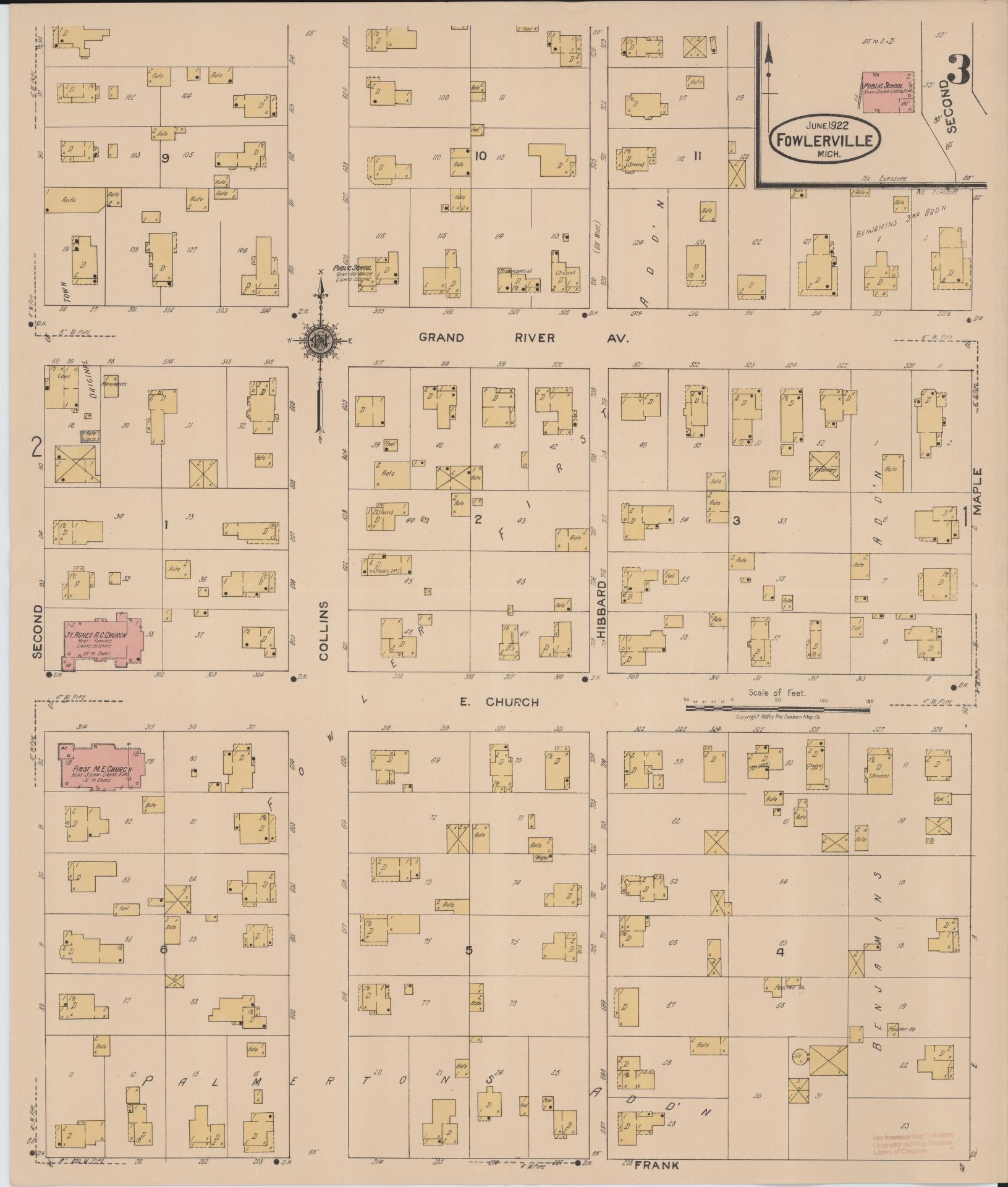 Sanborn Fire Insurance Map from Fowlerville, Livingston County, Michigan (1922), Sheet #0003 - Complete Map Set gallery image, historic Sanborn map, vintage wall art, Michigan Michigan