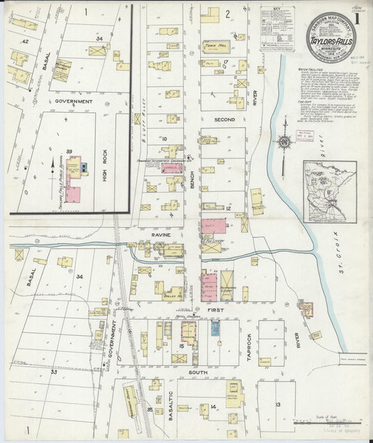 Sanborn Fire Insurance Map from Taylors Falls, Chisago County, Minnesota (1914), Sheet #0001 - Historic Sanborn Fire Insurance Map Print, vintage old map wall art, antique decor, genealogy gift, Minnesota Minnesota map