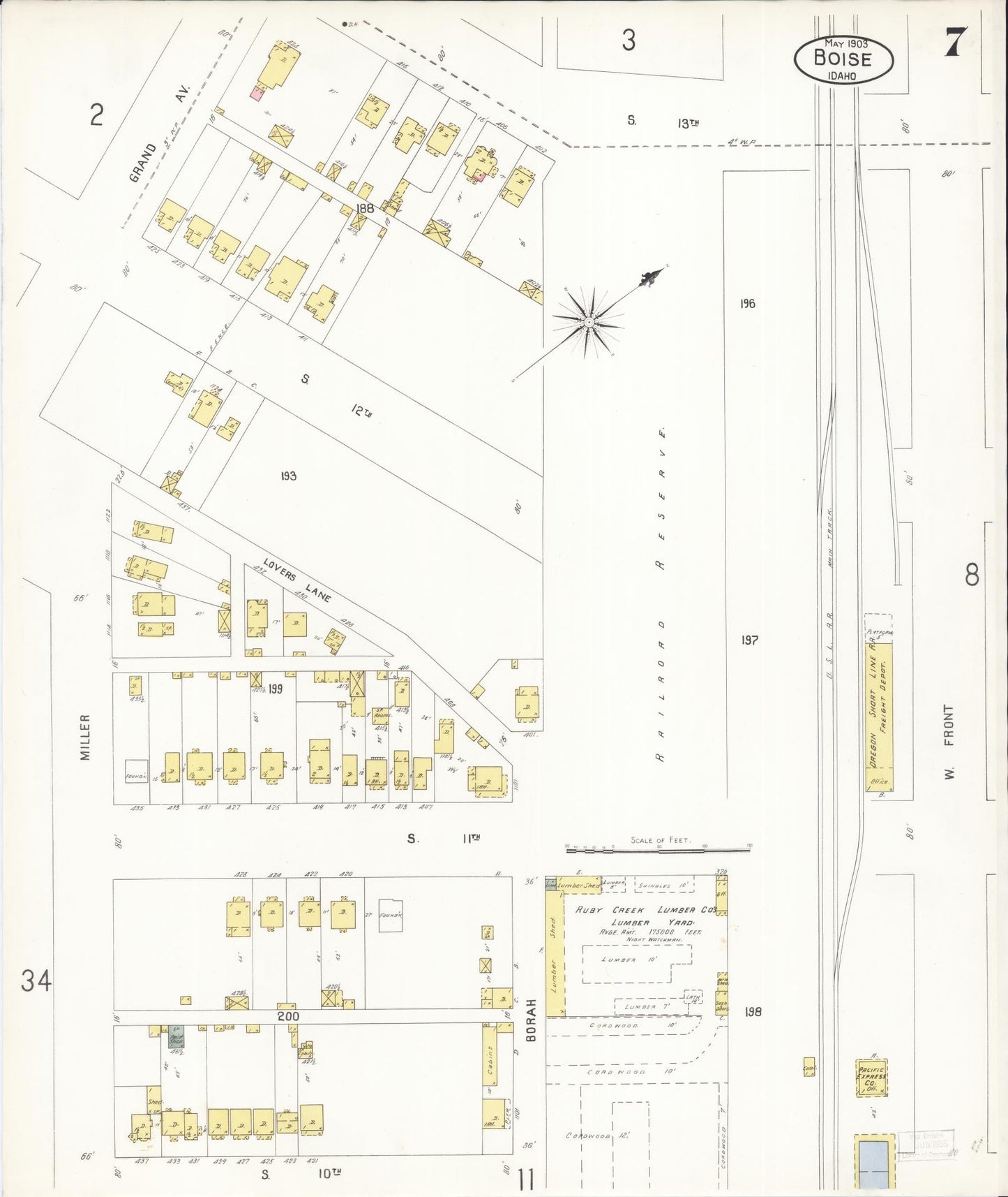 Sanborn Fire Insurance Map from Boise, Ada County, Idaho (1903), Sheet #0007 - Historic Sanborn Fire Insurance Map Print, vintage old map wall art, antique decor, genealogy gift, Idaho Idaho map