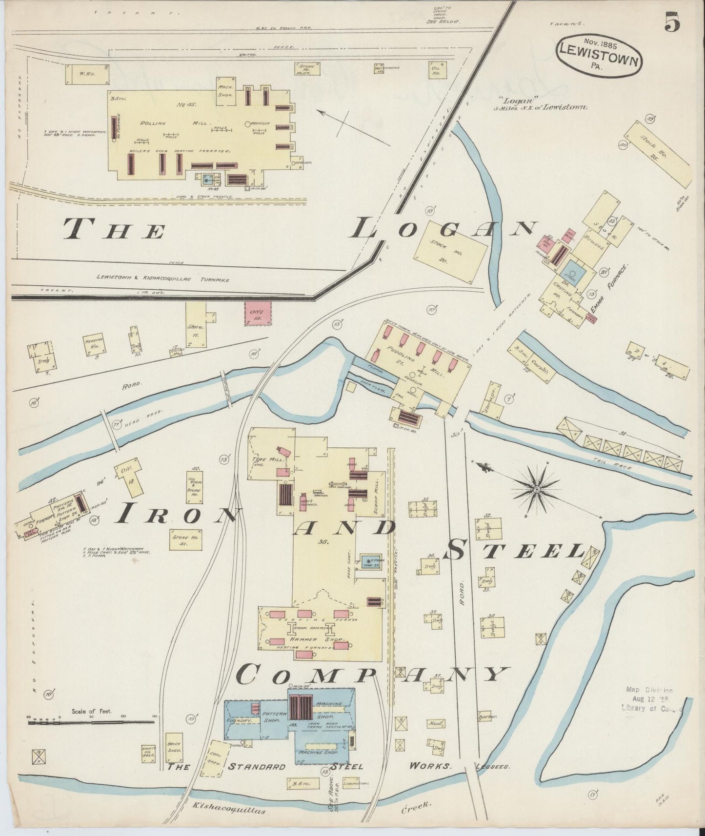 Sanborn Fire Insurance Map from Lewistown, Mifflin County, Pennsylvania (1885), Sheet #0005 - Historic Sanborn Fire Insurance Map Print, vintage old map wall art, antique decor, genealogy gift, Pennsylvania Pennsylvania map