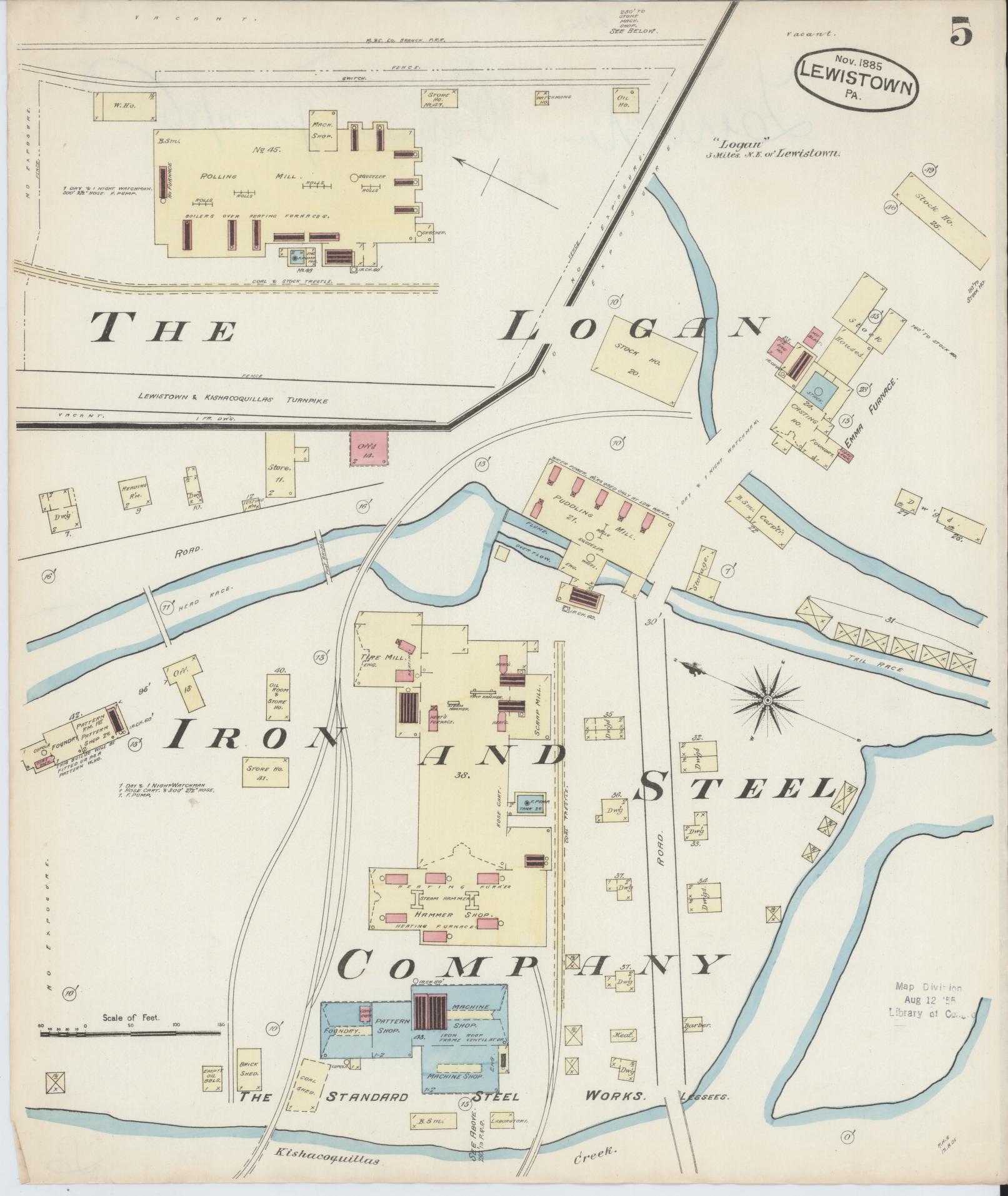 Sanborn Fire Insurance Map from Lewistown, Mifflin County, Pennsylvania (1885), Sheet #0005 - Historic Sanborn Fire Insurance Map Print, vintage old map wall art, antique decor, genealogy gift, Pennsylvania Pennsylvania map