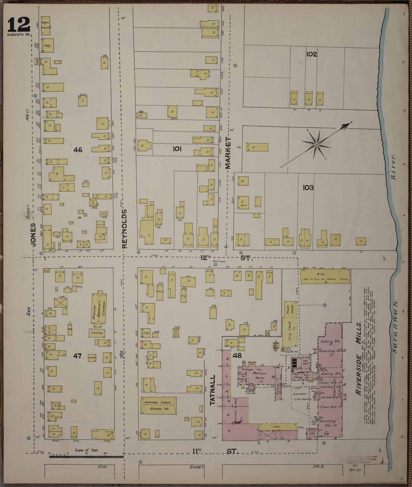 Sanborn Fire Insurance Map from Augusta, Richmond County, Georgia (1890), Sheet #0012 - Complete Map Set gallery image, historic Sanborn map, vintage wall art, Georgia Georgia