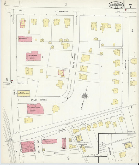 Sanborn Fire Insurance Map from Greenwood, Greenwood County, South Carolina (1913), Sheet #0007 - Historic Sanborn Fire Insurance Map Print, vintage old map wall art, antique decor, genealogy gift, South Carolina South Carolina map