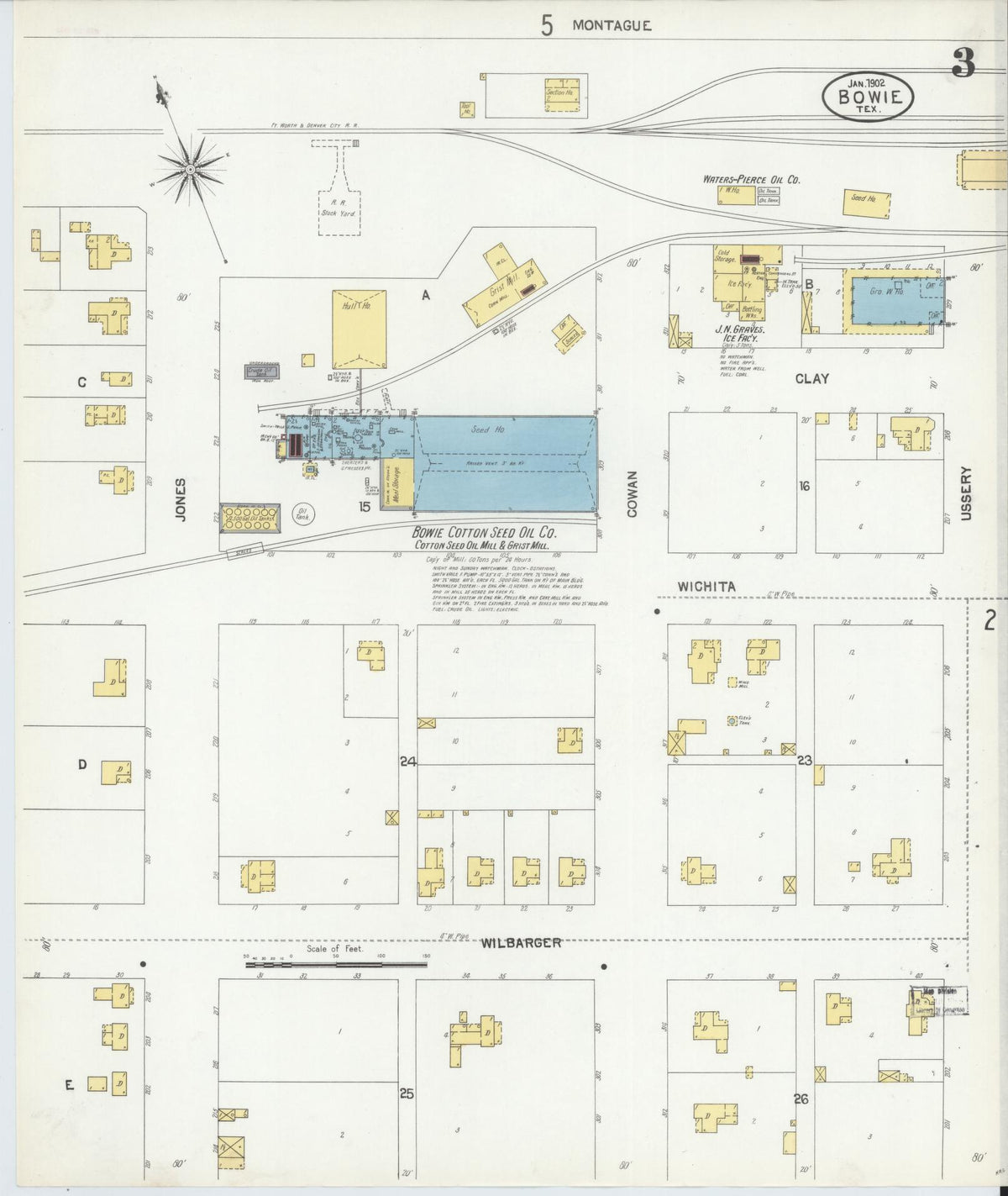 Sanborn Fire Insurance Map from Bowie, Montague County, Texas (1902), Sheet #0003 - Complete Map Set gallery image, historic Sanborn map, vintage wall art, Texas Texas