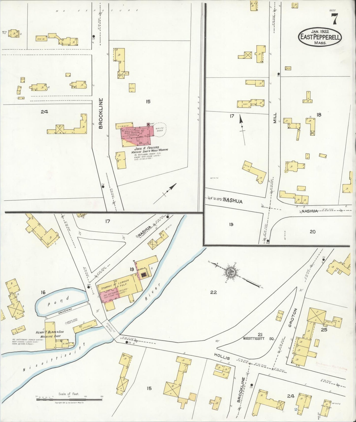 Sanborn Fire Insurance Map from East Pepperell, Middlesex County, Massachusetts (1922), Sheet #0007 - Historic Sanborn Fire Insurance Map Print, vintage old map wall art, antique decor, genealogy gift, Massachusetts Massachusetts map