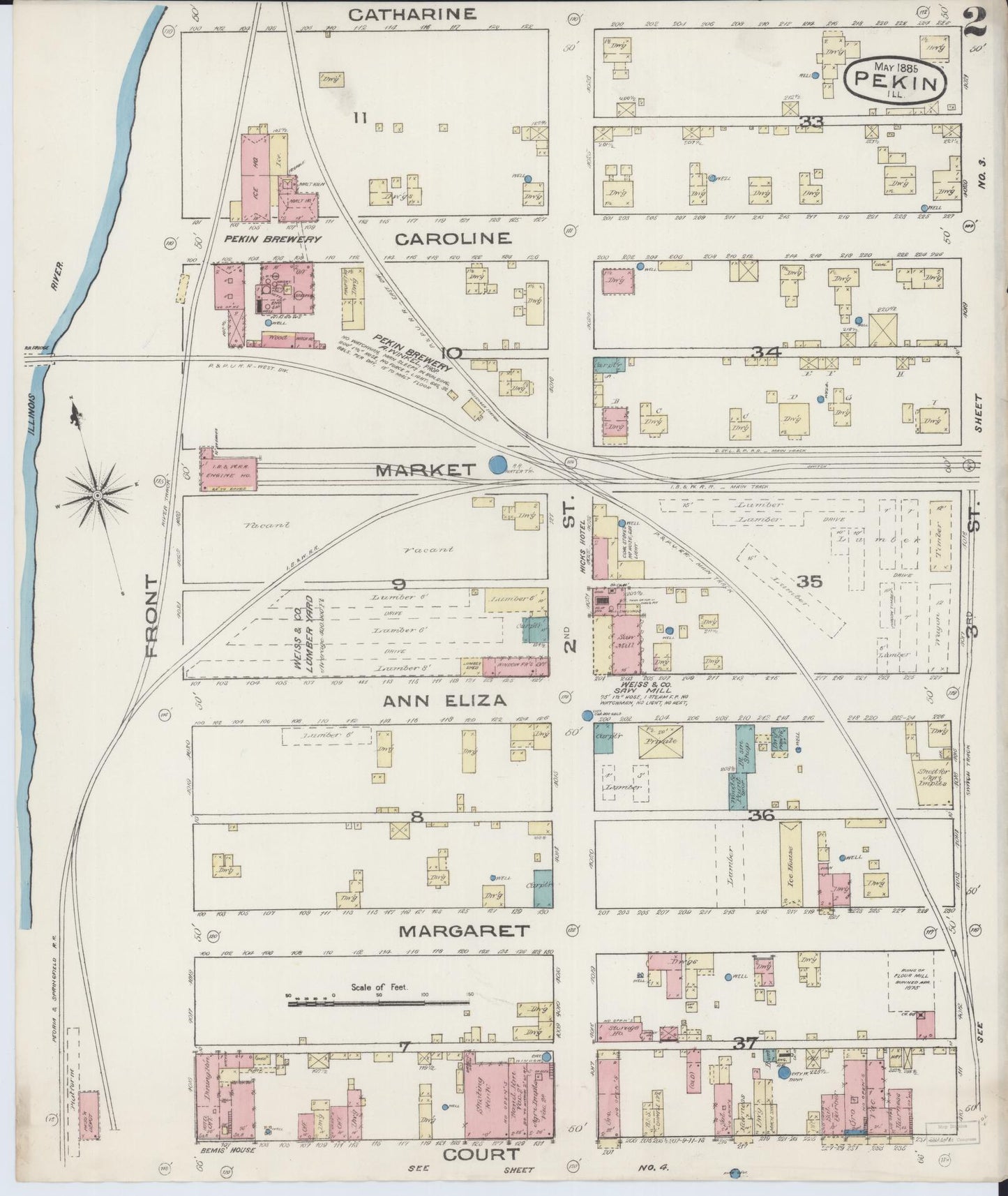 Sanborn Fire Insurance Map from Pekin, Tazewell County, Illinois (1885), Sheet #0002 - Complete Map Set gallery image, historic Sanborn map, vintage wall art, Illinois Illinois